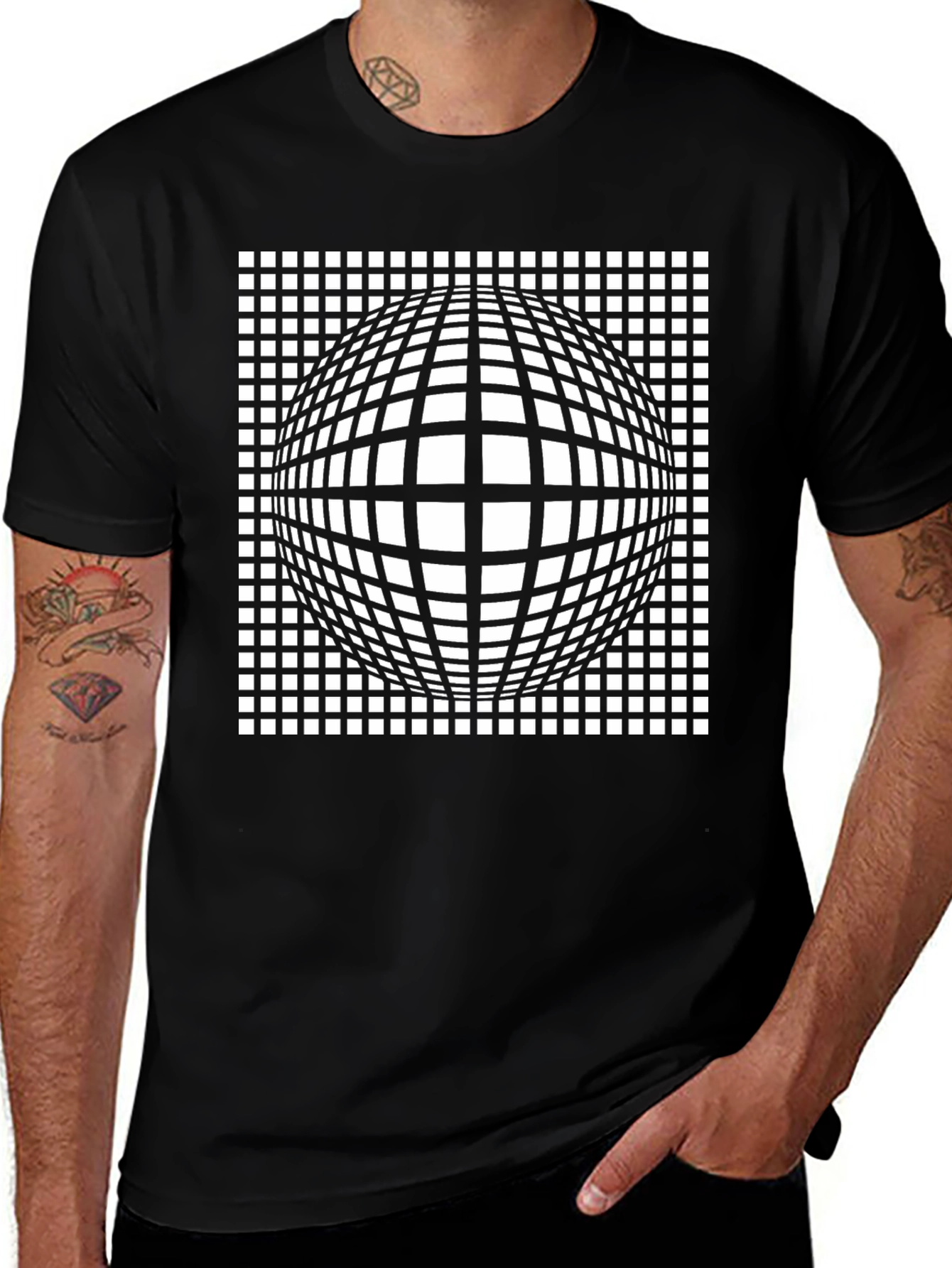 Optical Illusion Grid Sphere Black T-Shirt