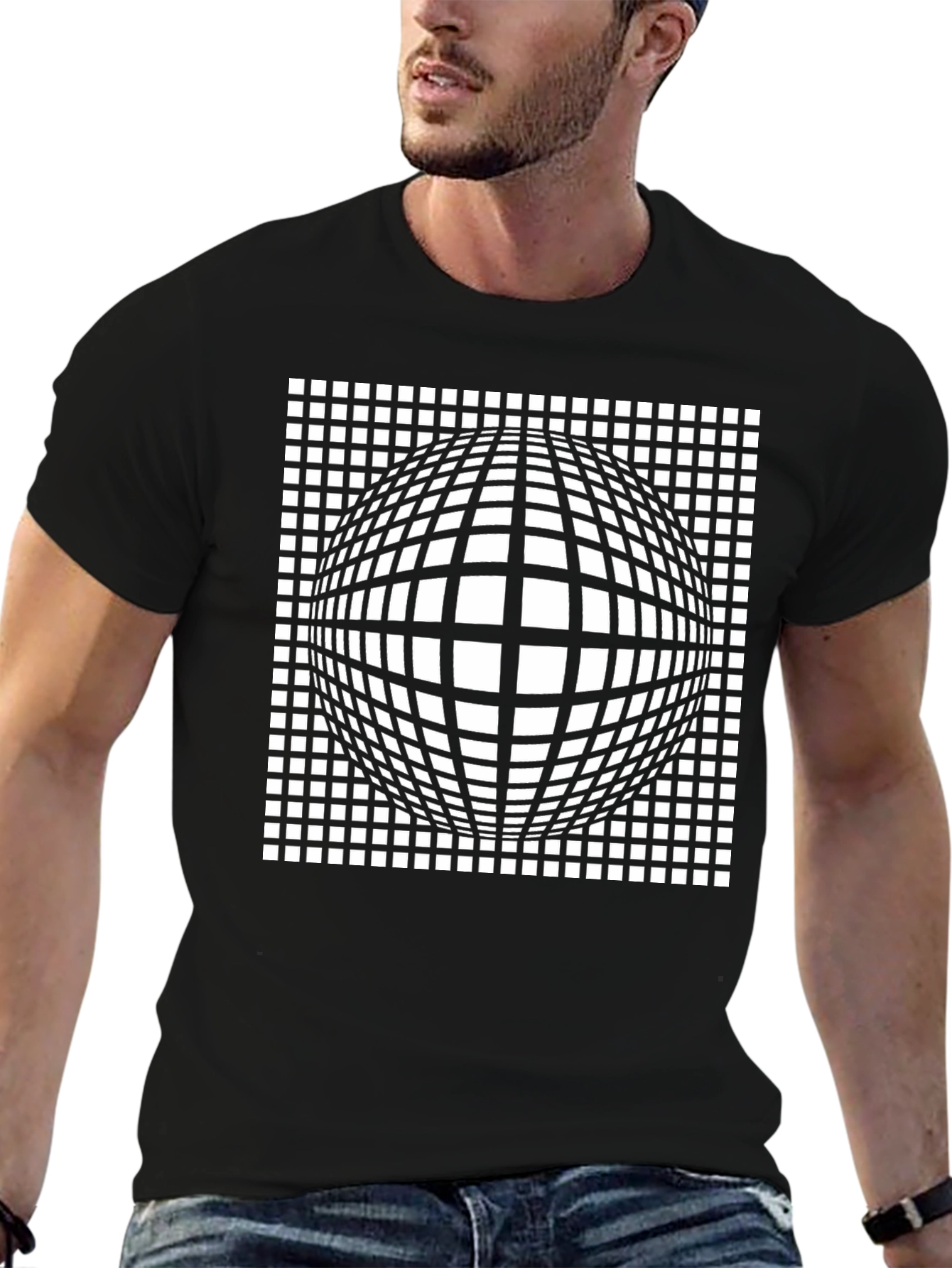 Optical Illusion Grid Sphere Black T-Shirt