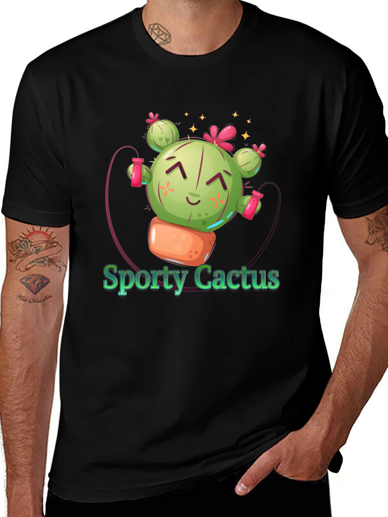 Sporty Cactus Black T-Shirt - Cute Design