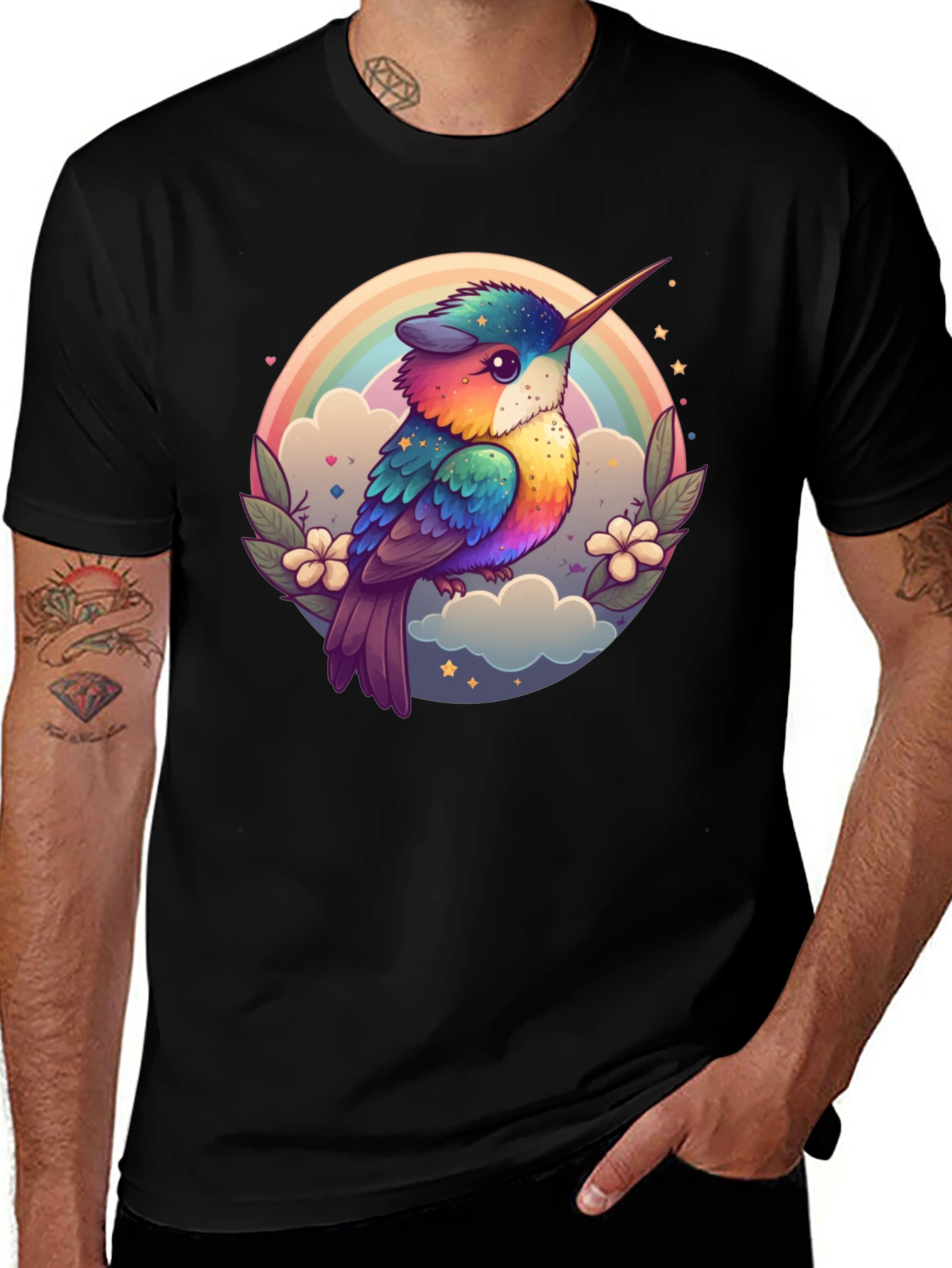 Rainbow Hummingbird Graphic Black Tee
