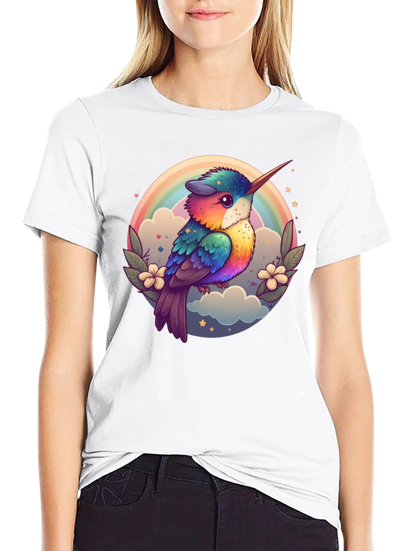 Rainbow Hummingbird Graphic Black Tee