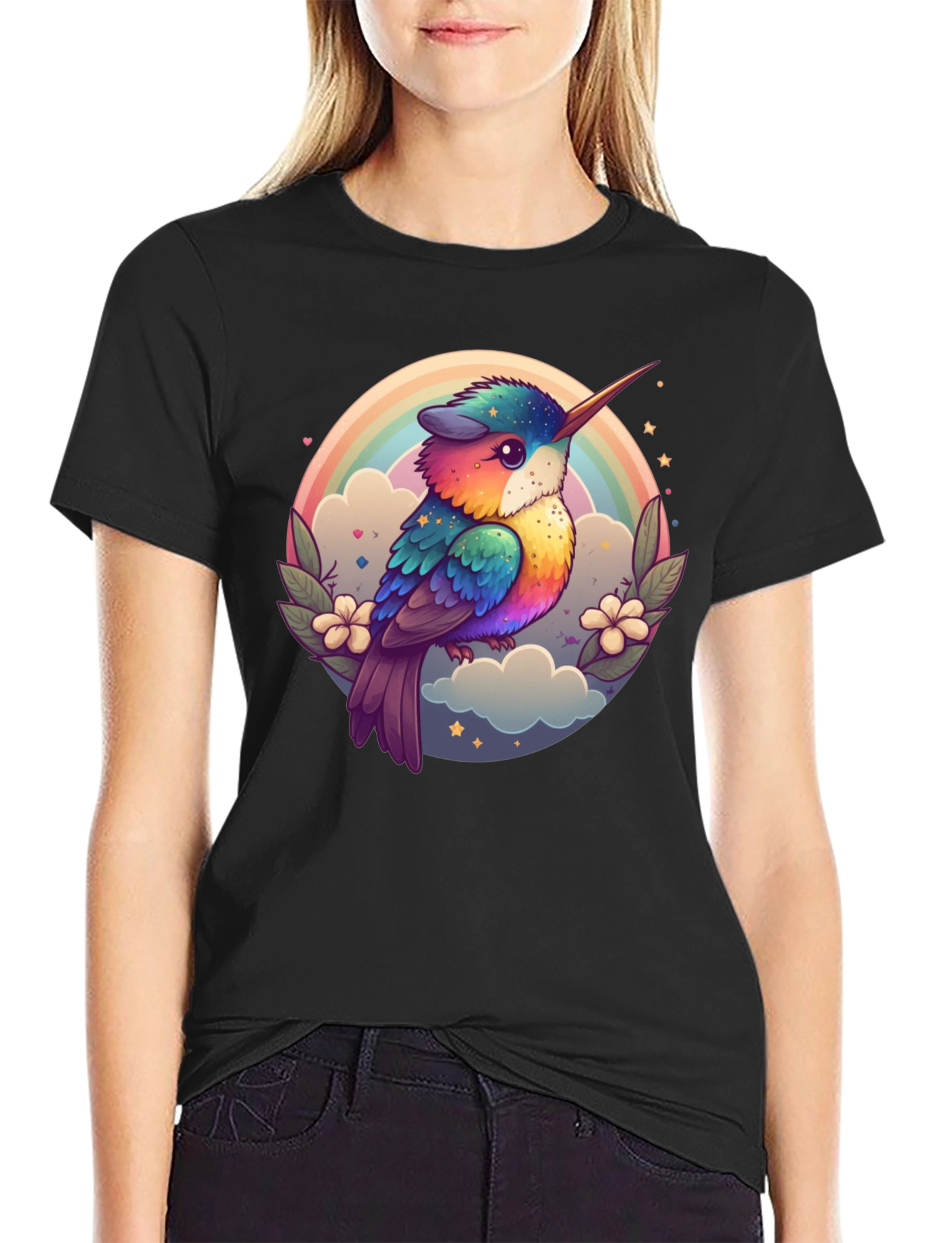 Rainbow Hummingbird Graphic Black Tee