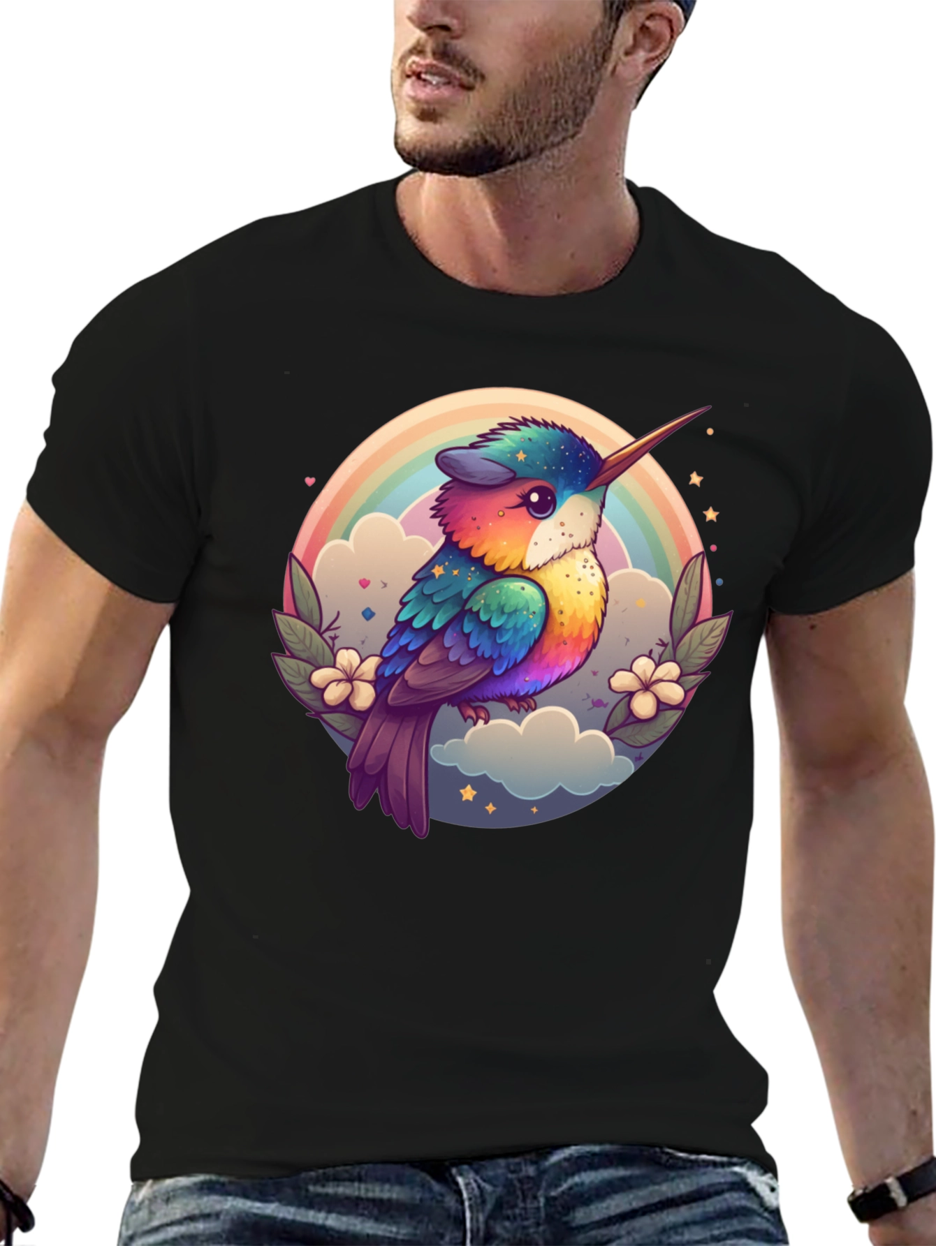 Rainbow Hummingbird Graphic Black Tee