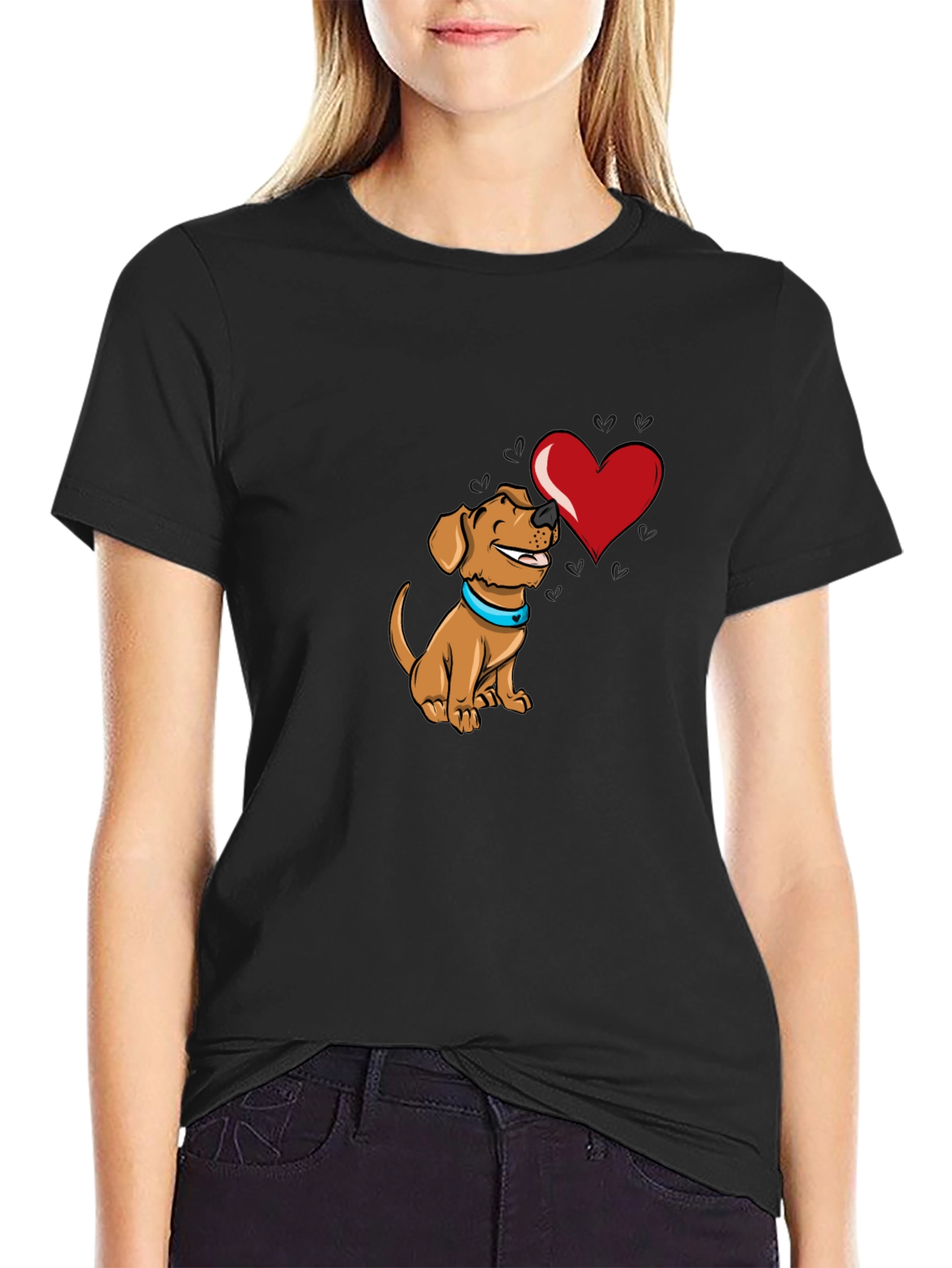 Dog with Heart Graphic Black T-Shirt