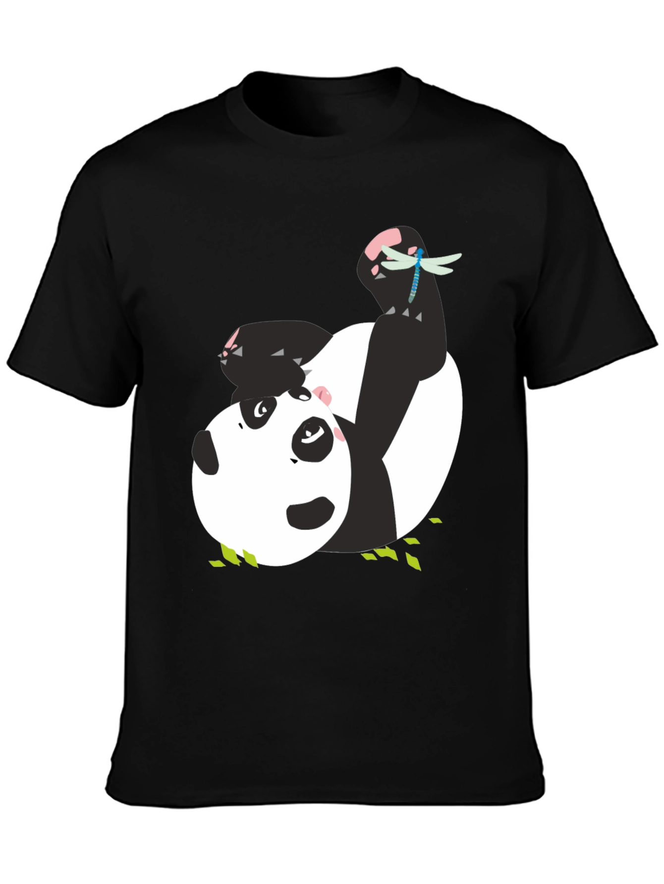 Cute Panda & Dragonfly Graphic Black T-Shirt
