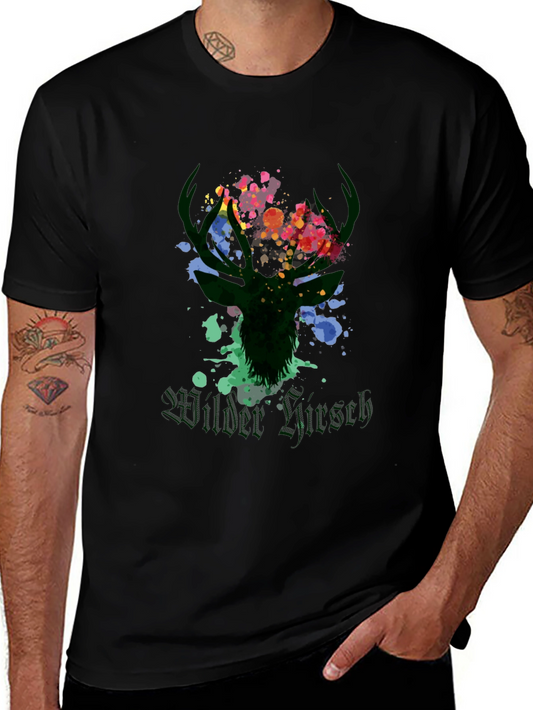 Wilder Hirsch Mens Black T-Shirt - Stag Watercolor
