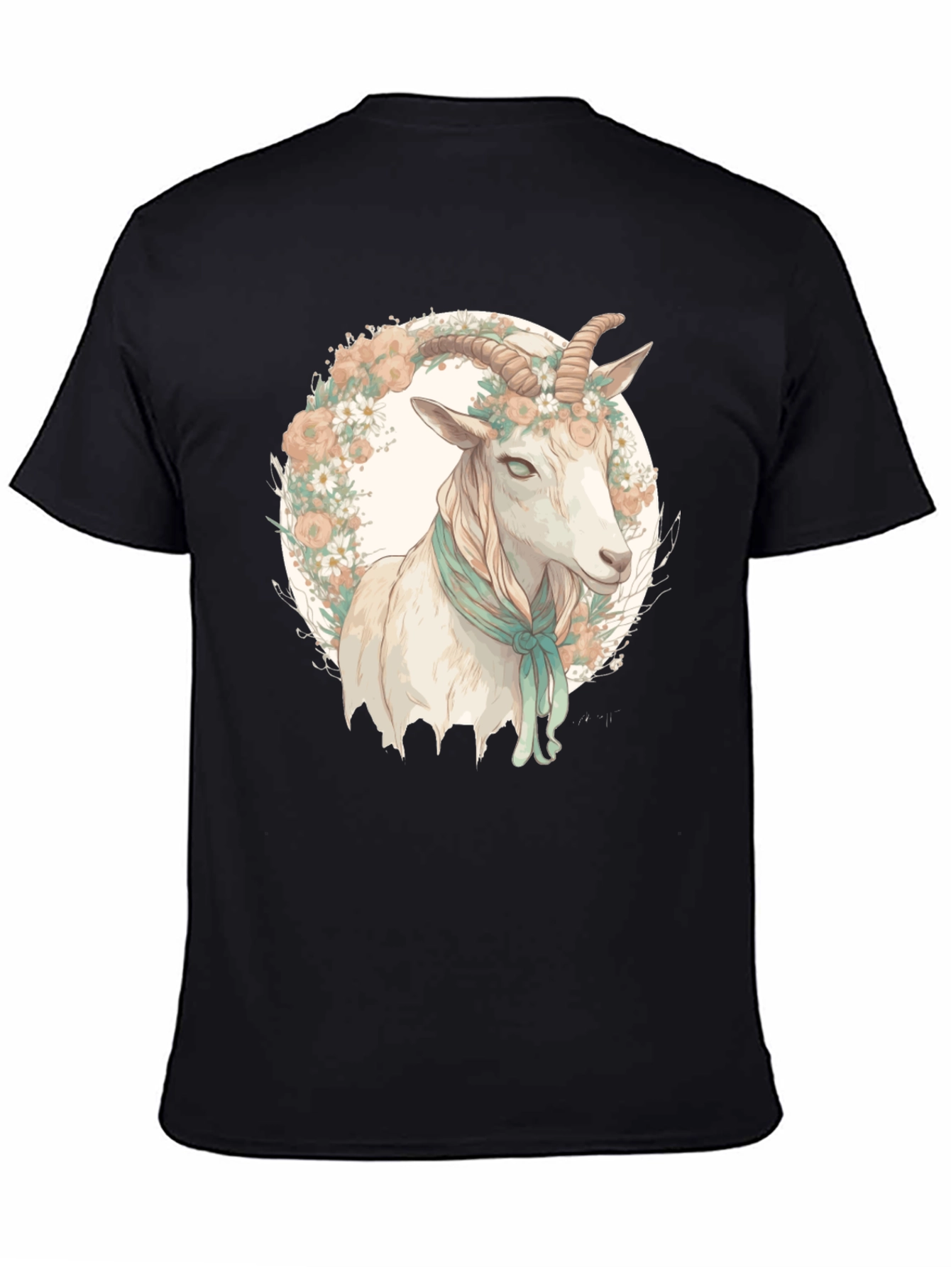 Goat Floral Wreath Black T-Shirt