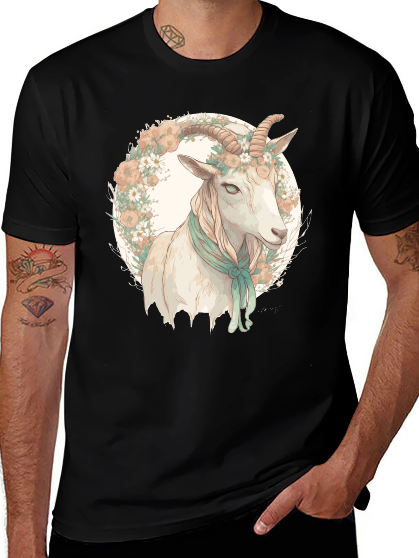 Goat Floral Wreath Black T-Shirt