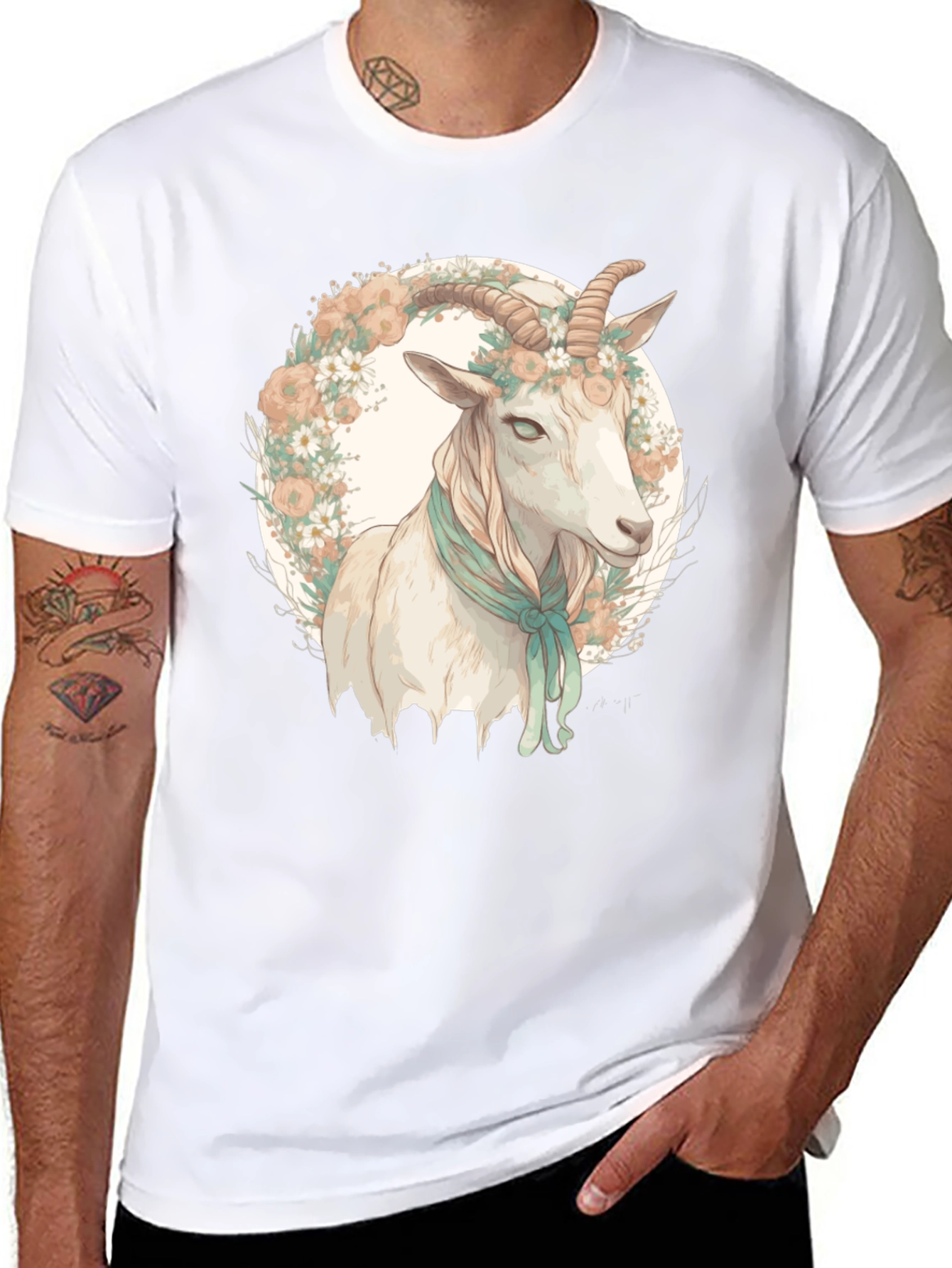 Goat Floral Wreath Black T-Shirt