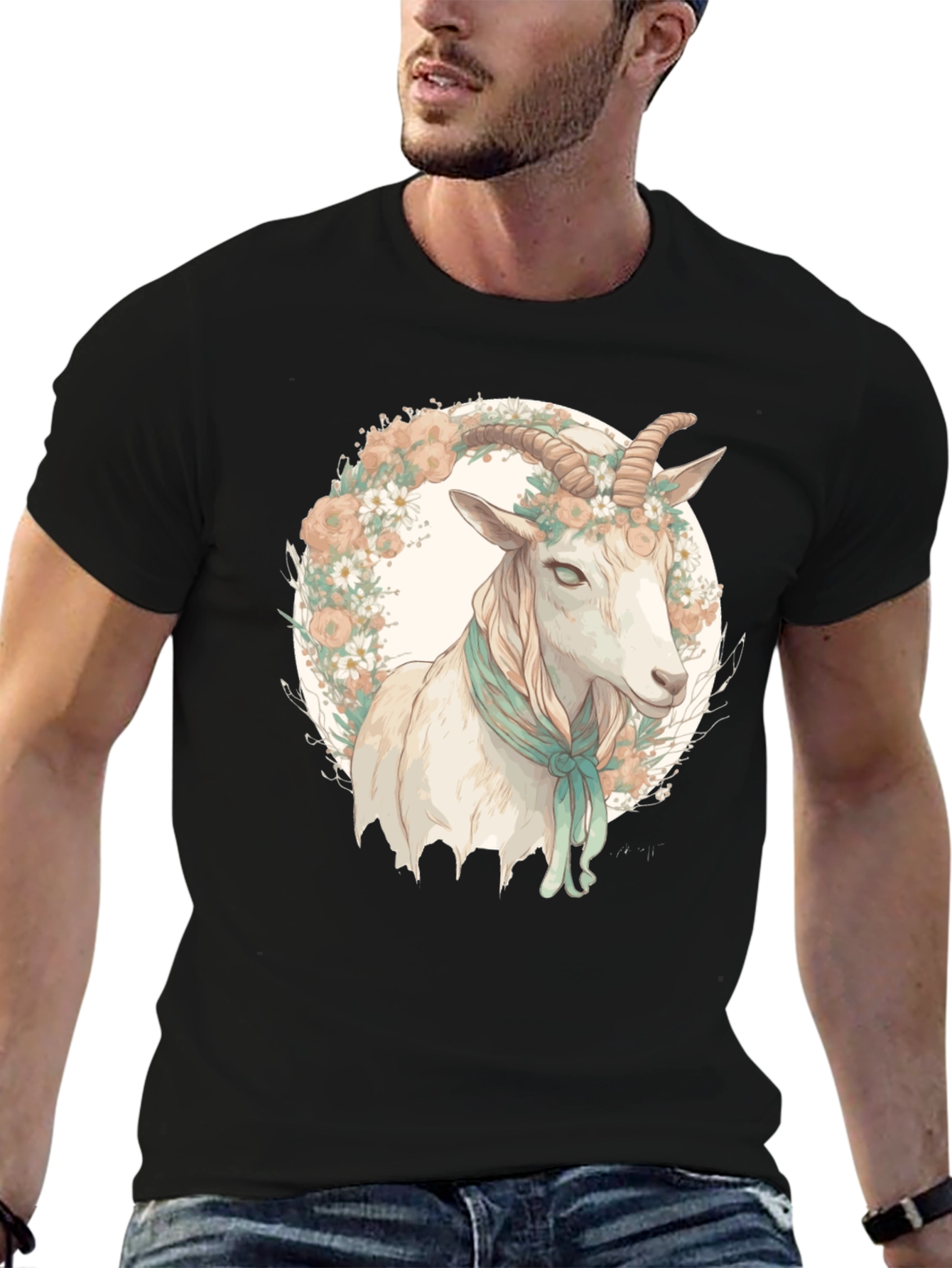 Goat Floral Wreath Black T-Shirt