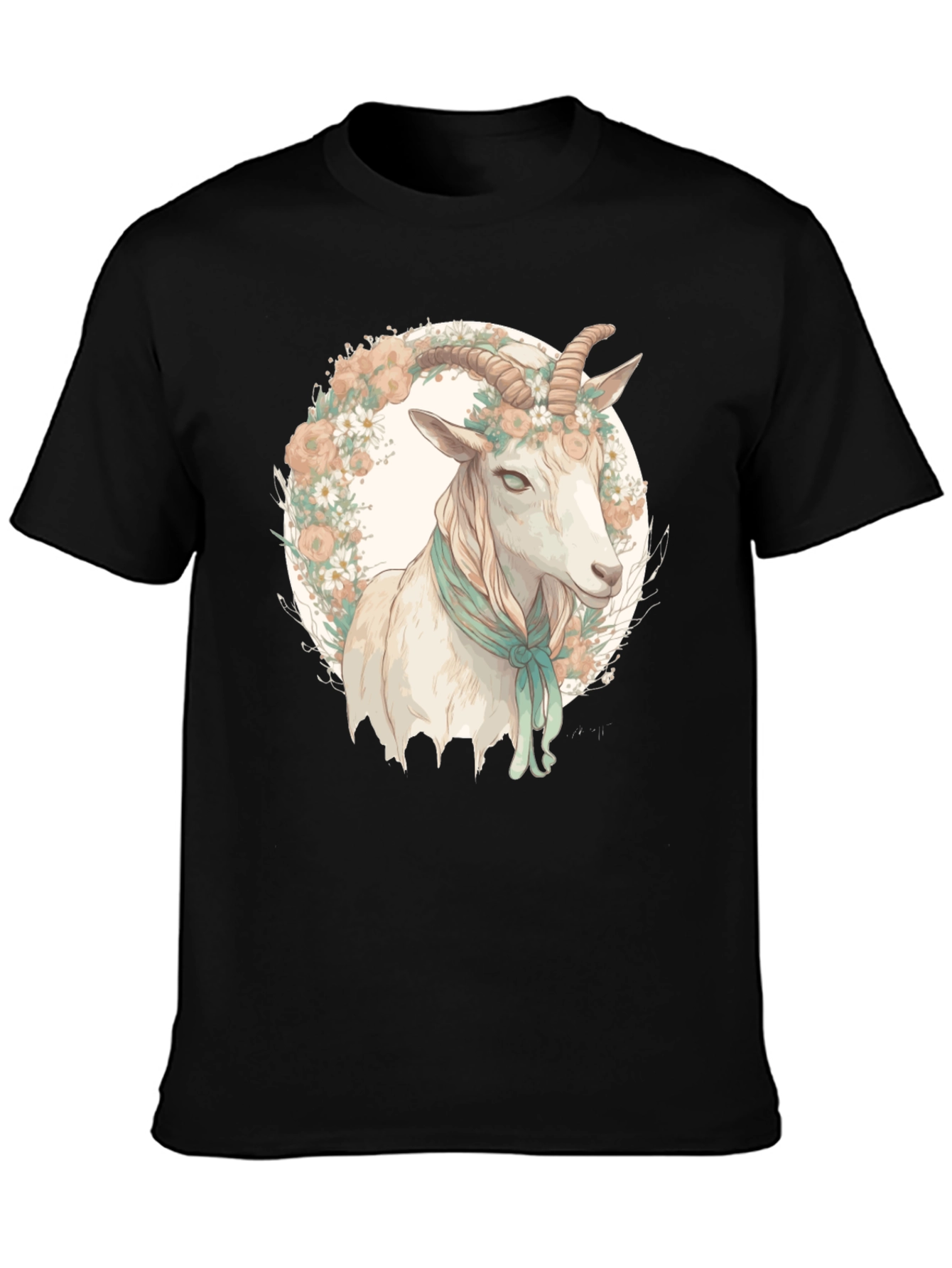 Goat Floral Wreath Black T-Shirt