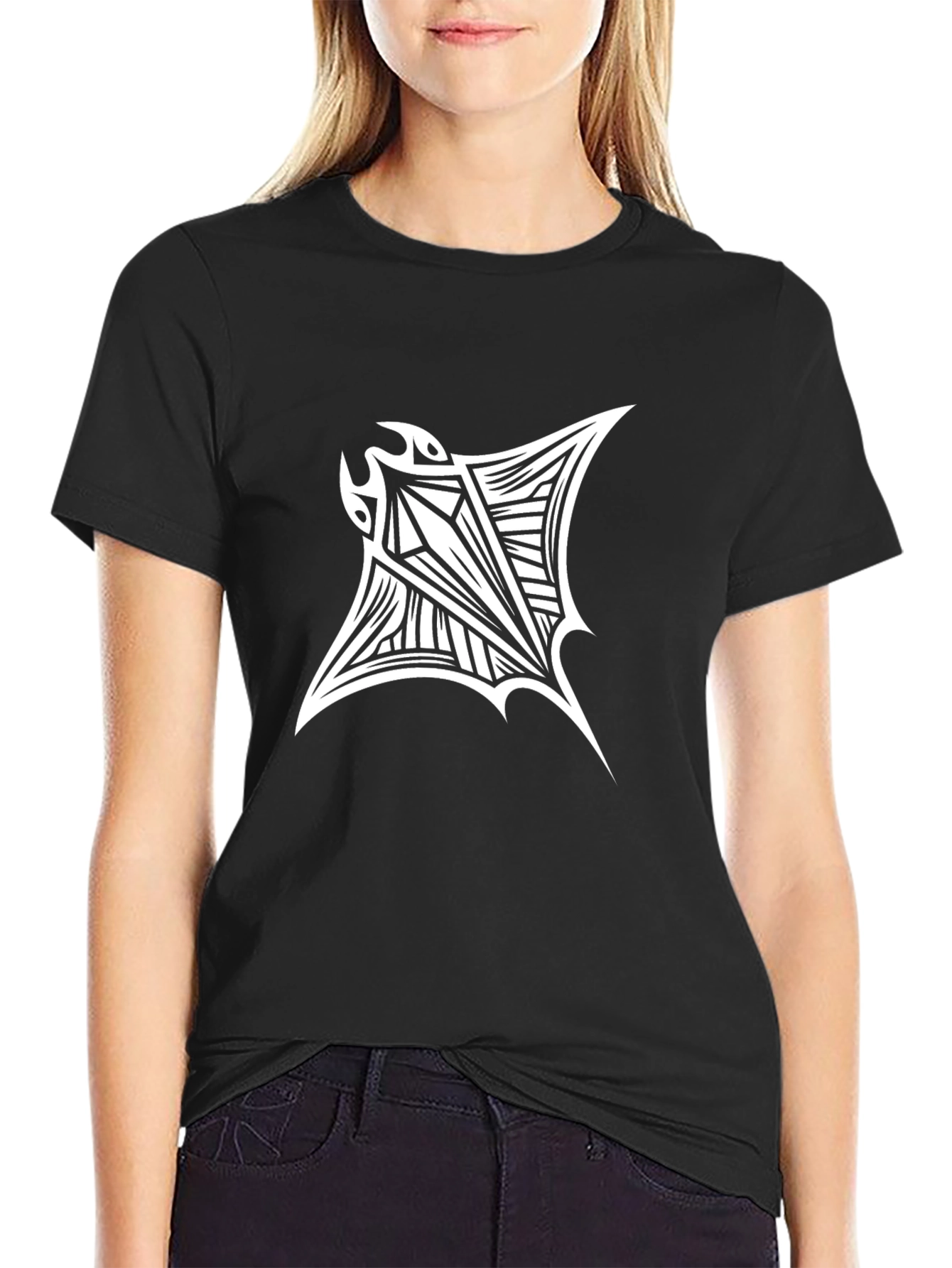 Tribal Manta Ray Graphic T-Shirt - Black