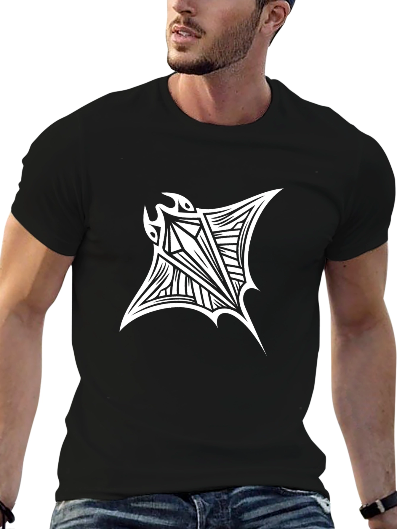 Tribal Manta Ray Graphic T-Shirt - Black