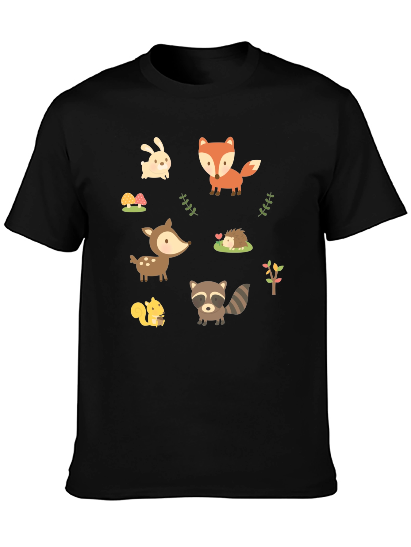 Cute Woodland Animal Print Black T-Shirt