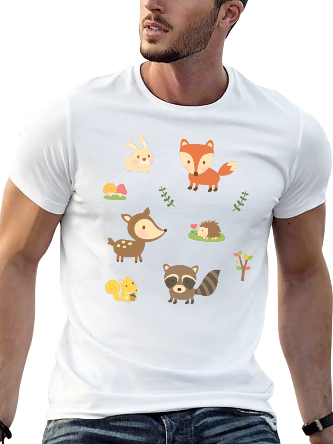 Cute Woodland Animal Print Black T-Shirt