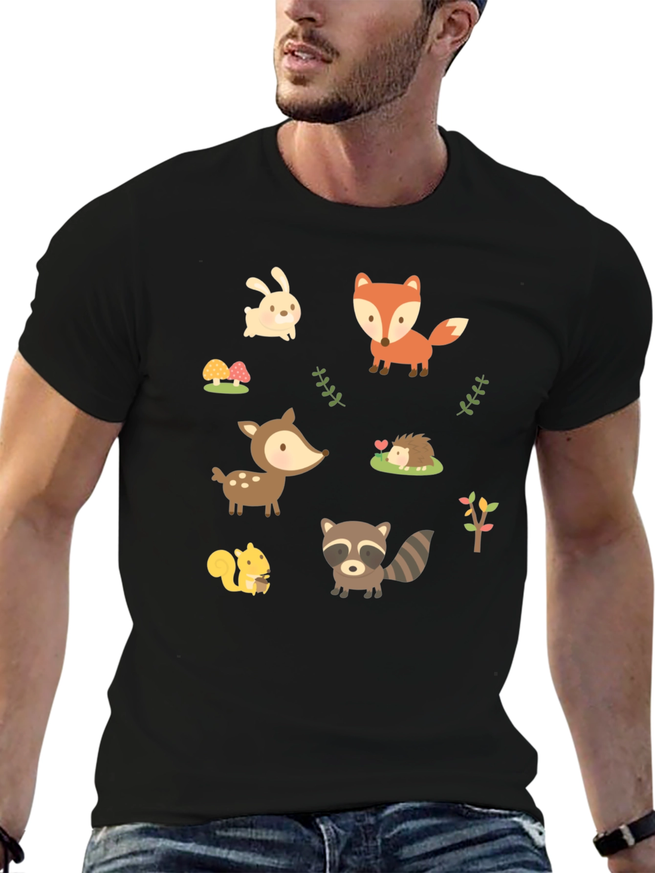 Cute Woodland Animal Print Black T-Shirt