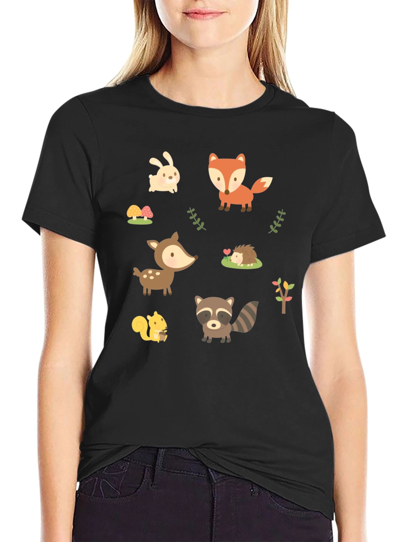 Cute Woodland Animal Print Black T-Shirt