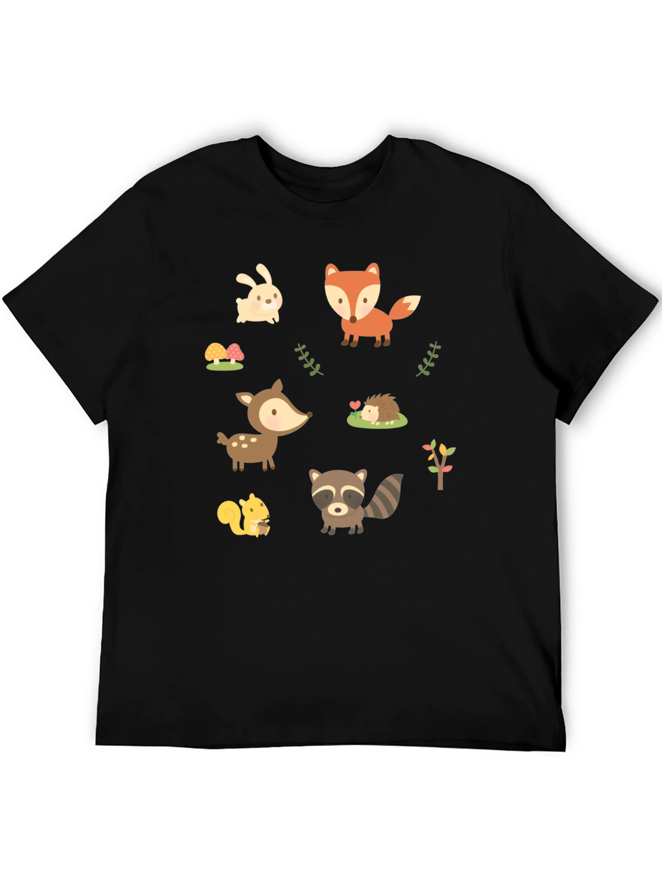 Cute Woodland Animal Print Black T-Shirt
