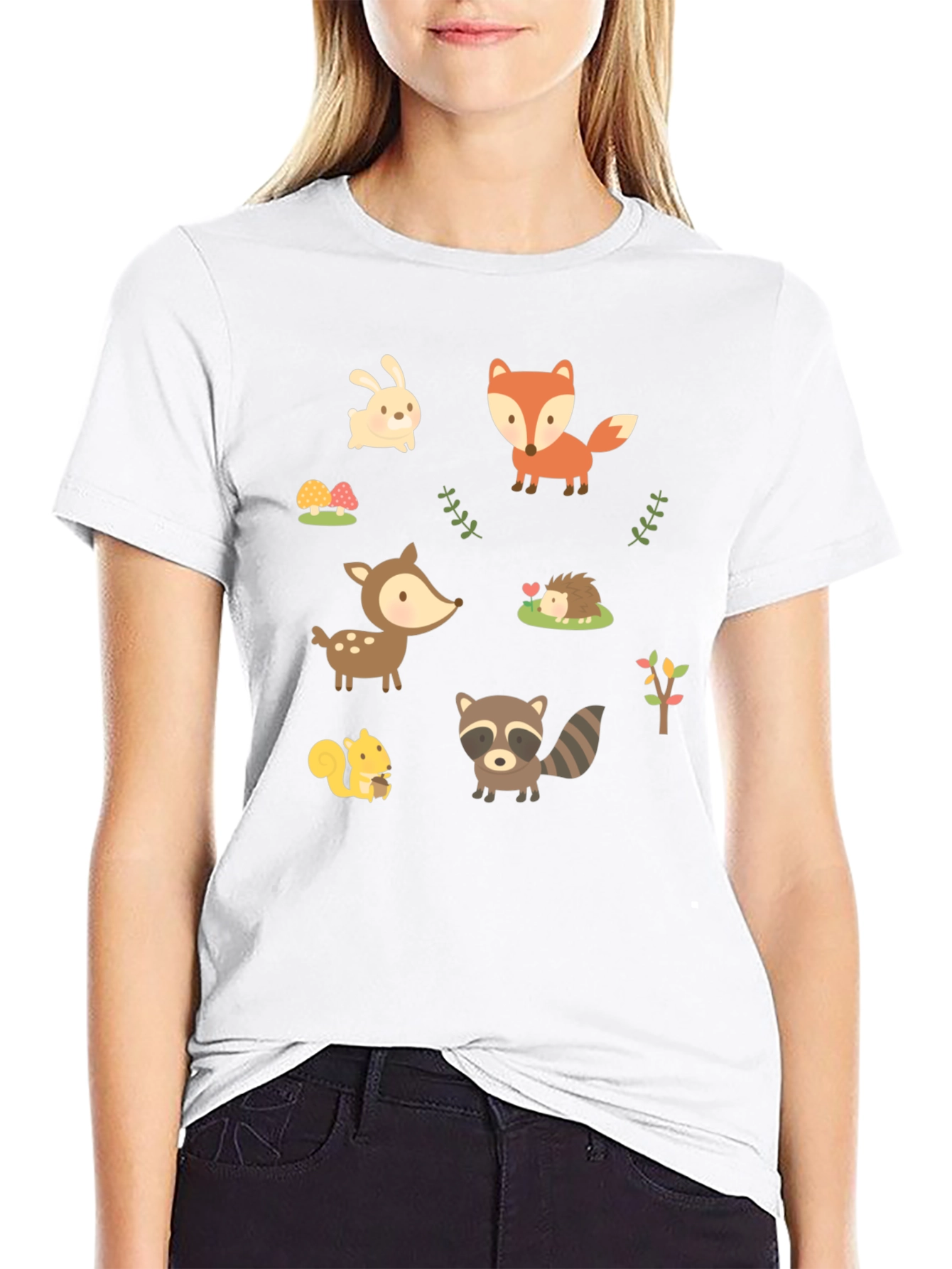 Cute Woodland Animal Print Black T-Shirt