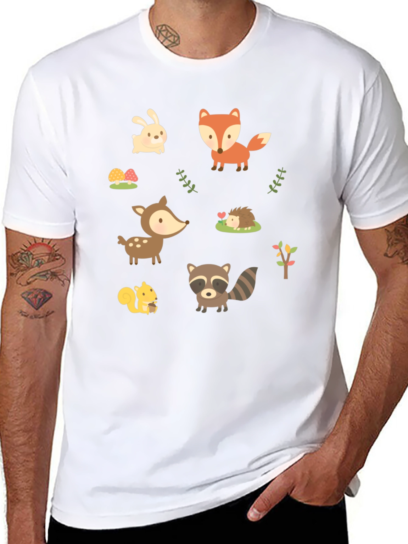 Cute Woodland Animal Print Black T-Shirt