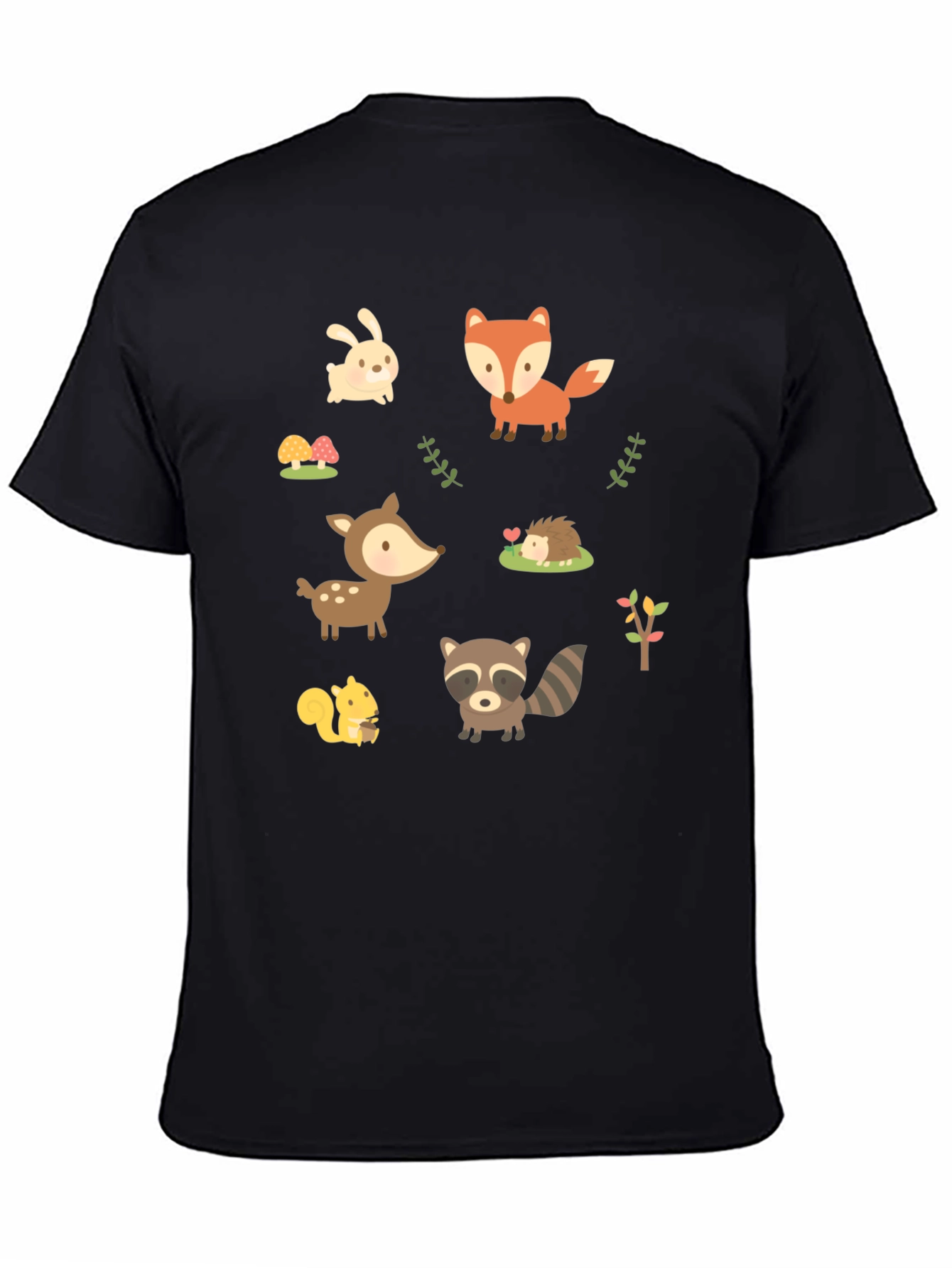 Cute Woodland Animal Print Black T-Shirt