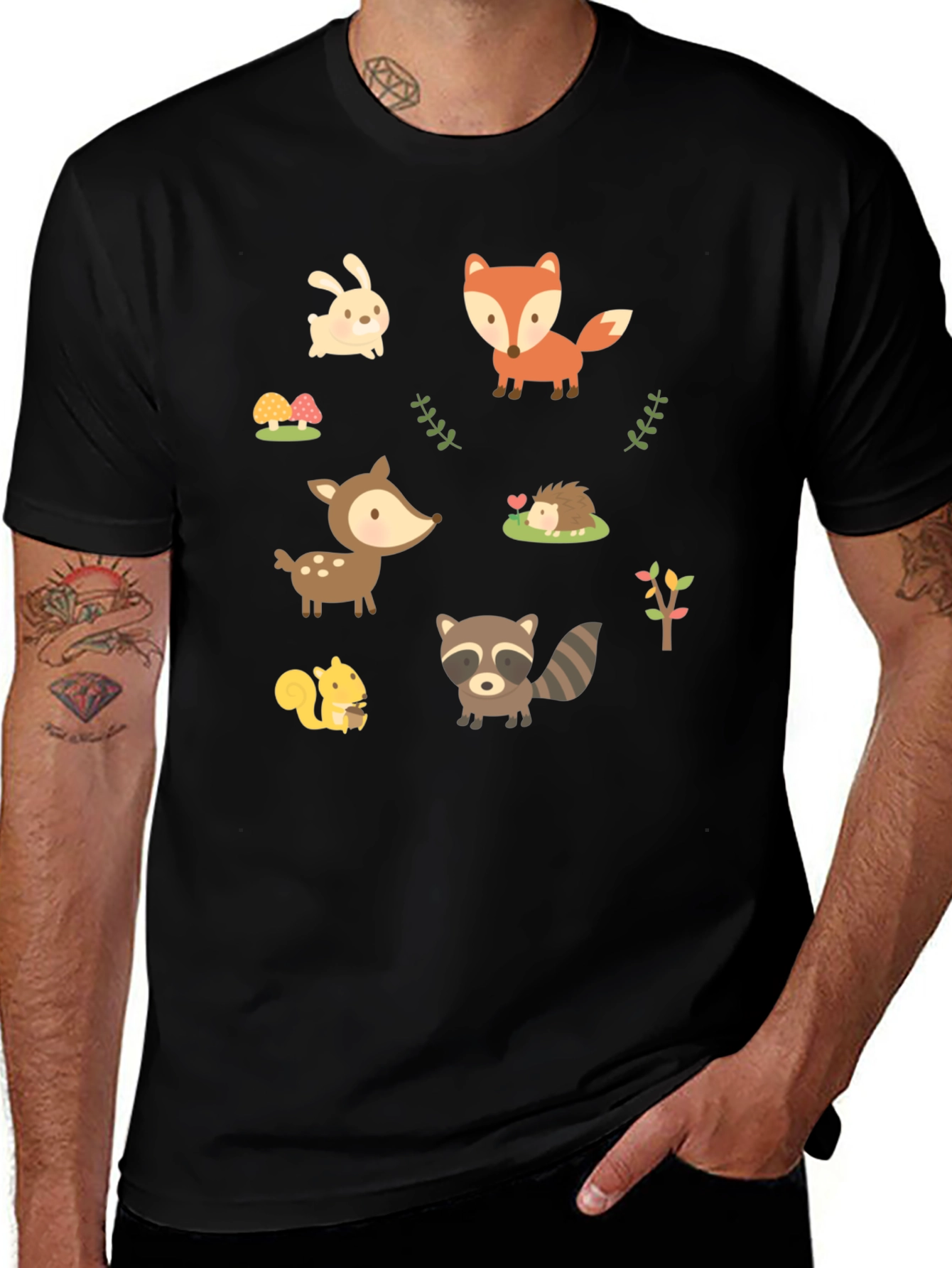 Cute Woodland Animal Print Black T-Shirt