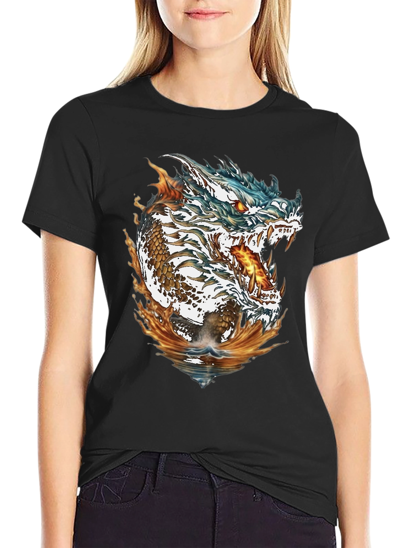 Dragon Fire & Water Graphic Print Black T-Shirt