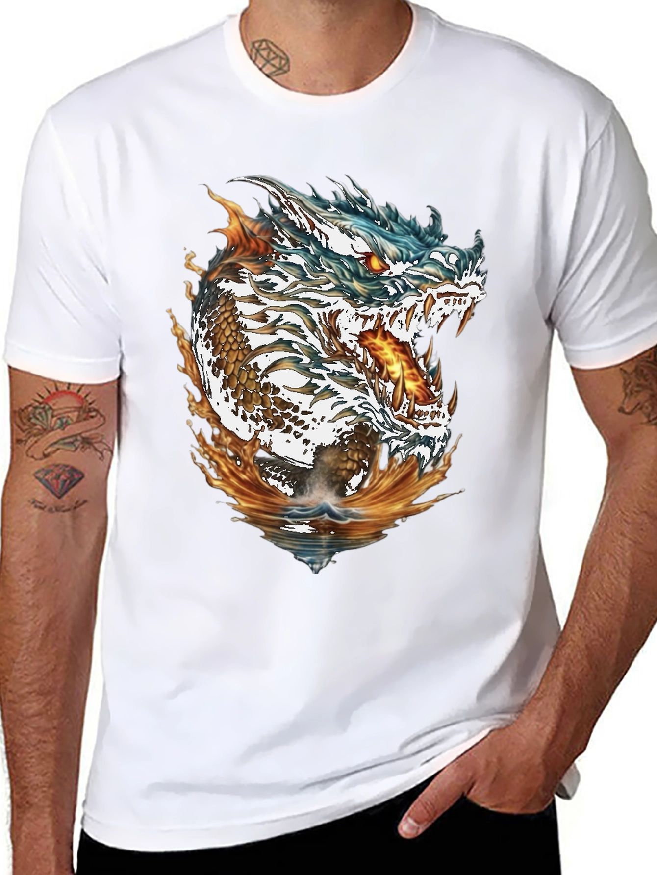 Dragon Fire & Water Graphic Print Black T-Shirt
