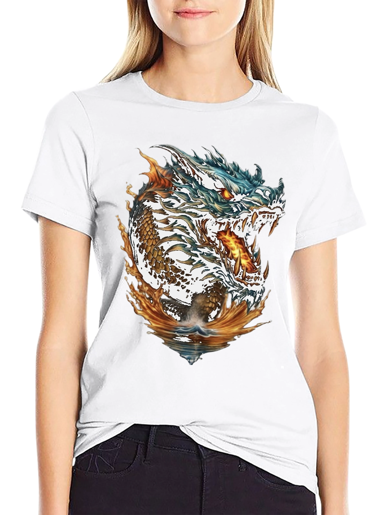 Dragon Fire & Water Graphic Print Black T-Shirt