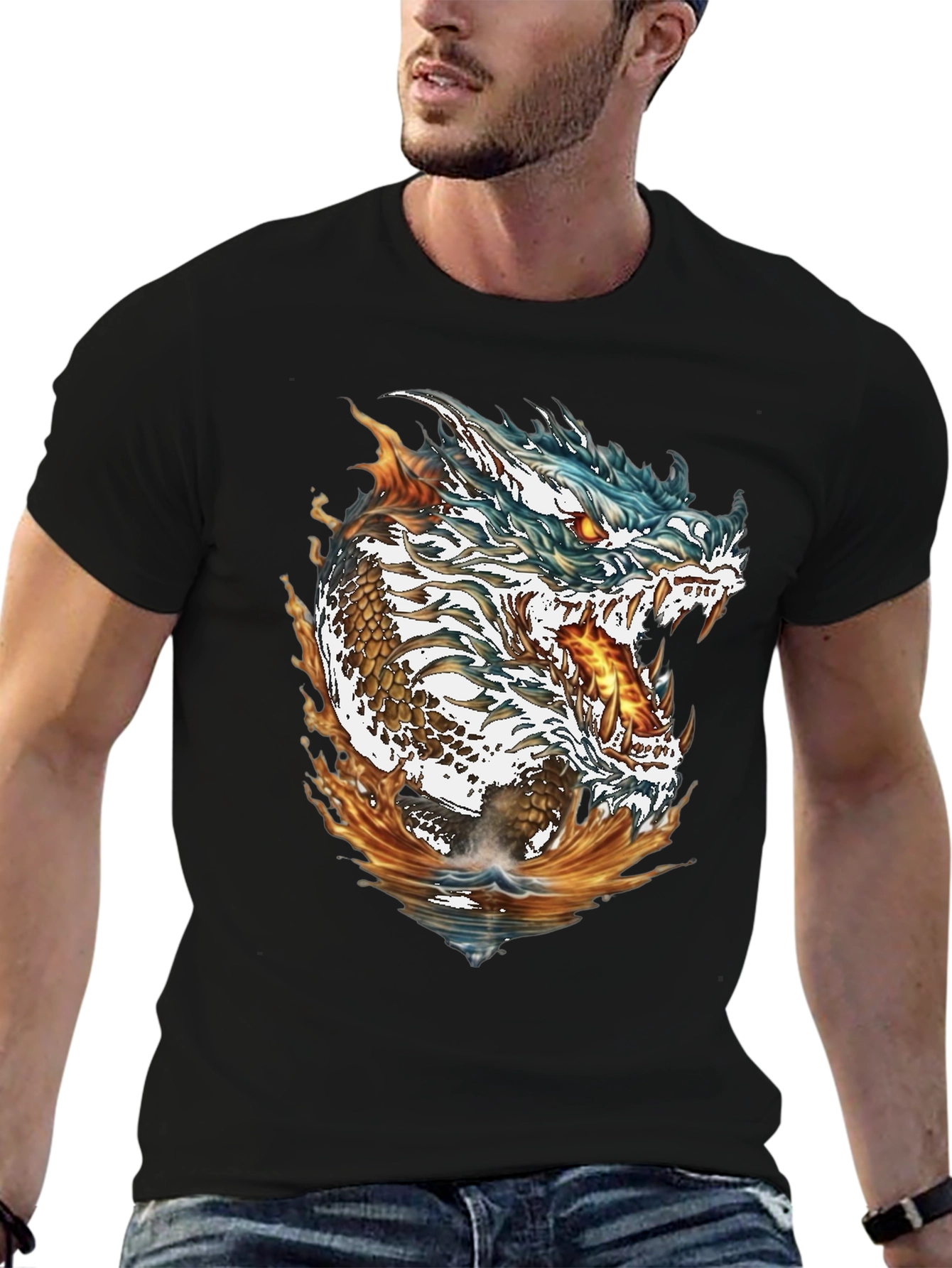 Dragon Fire & Water Graphic Print Black T-Shirt