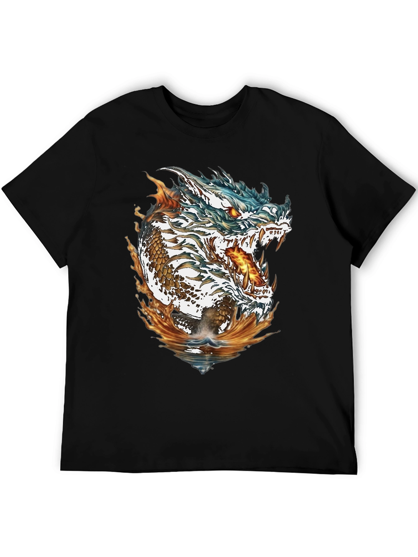 Dragon Fire & Water Graphic Print Black T-Shirt