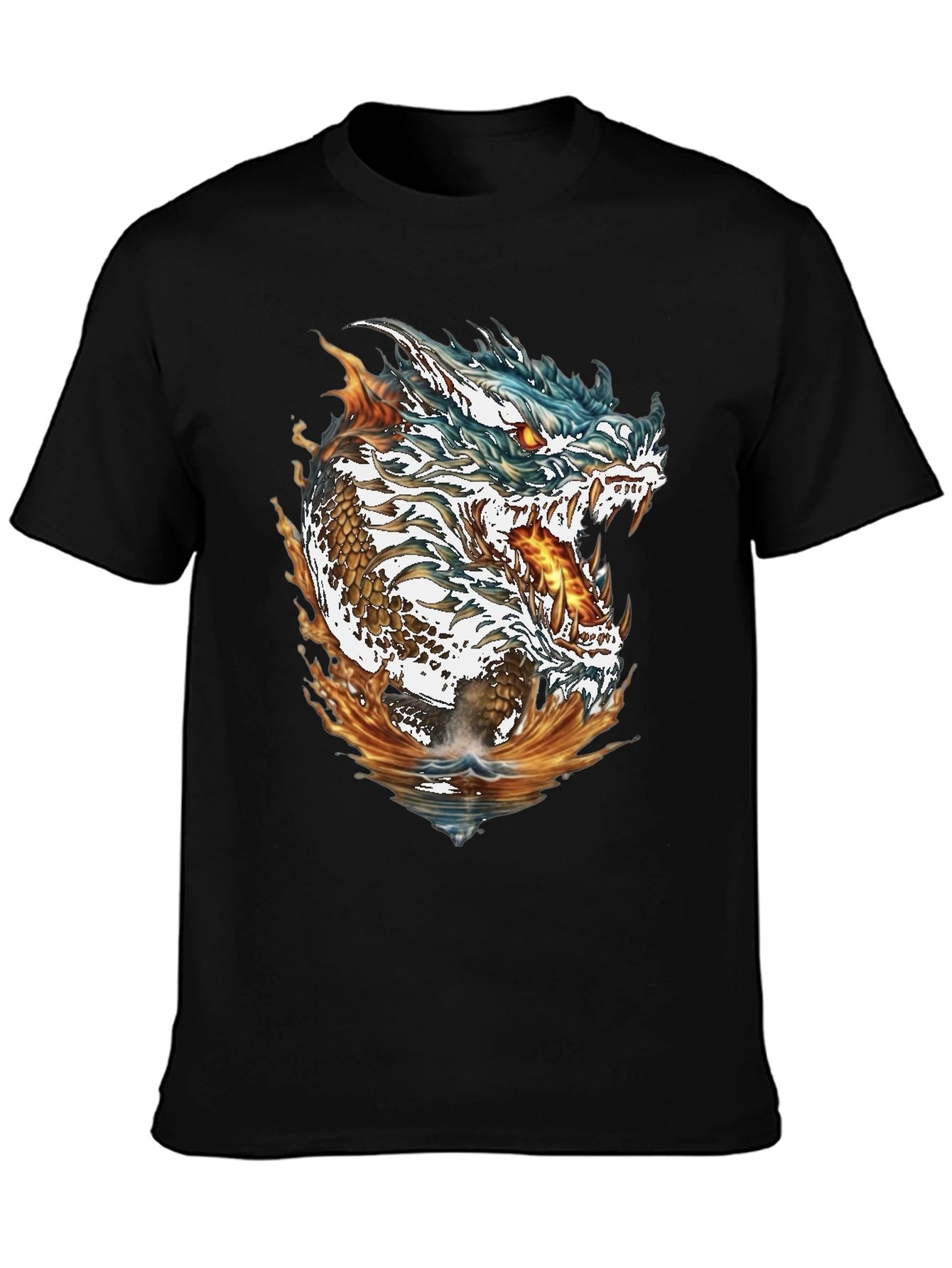 Dragon Fire & Water Graphic Print Black T-Shirt