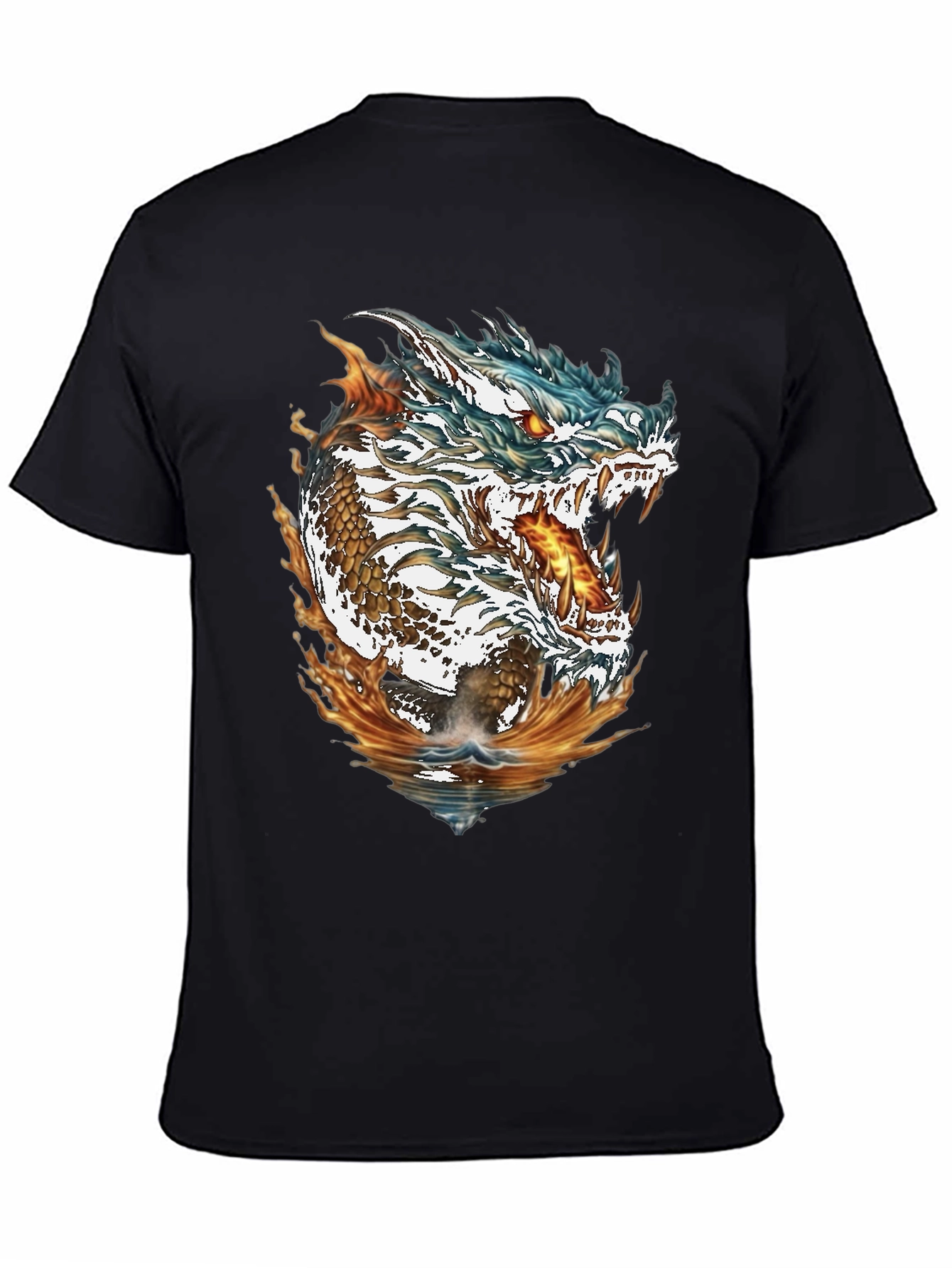 Dragon Fire & Water Graphic Print Black T-Shirt