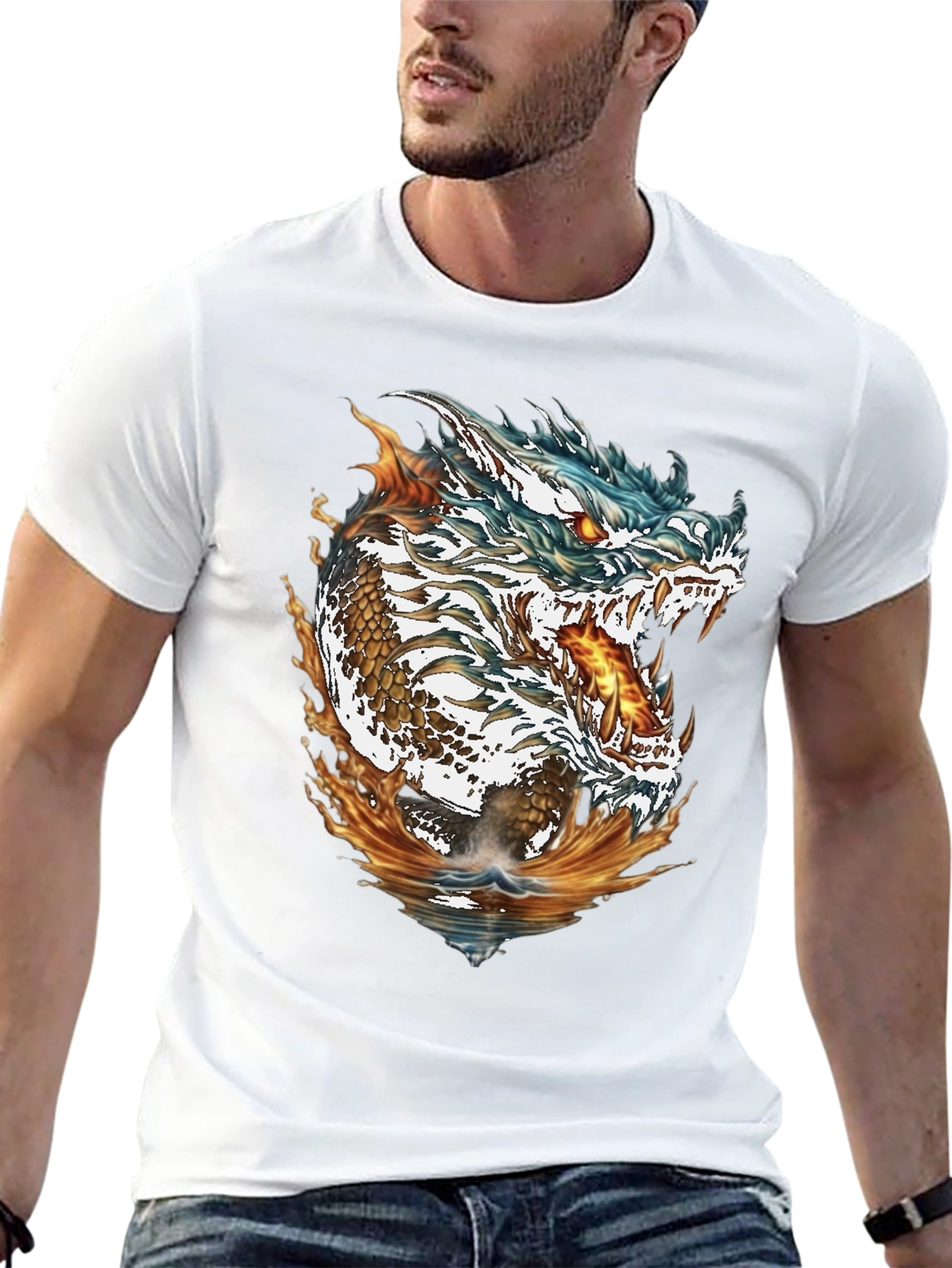 Dragon Fire & Water Graphic Print Black T-Shirt