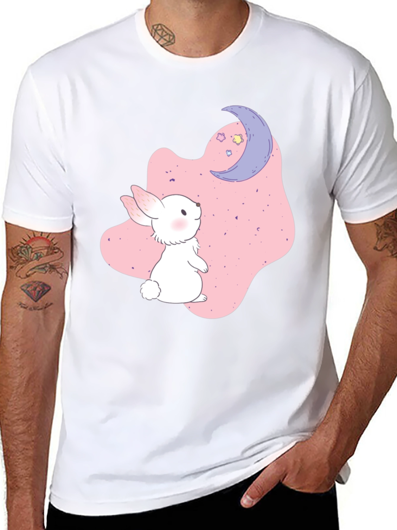 Cute Bunny & Moon Graphic Black T-Shirt