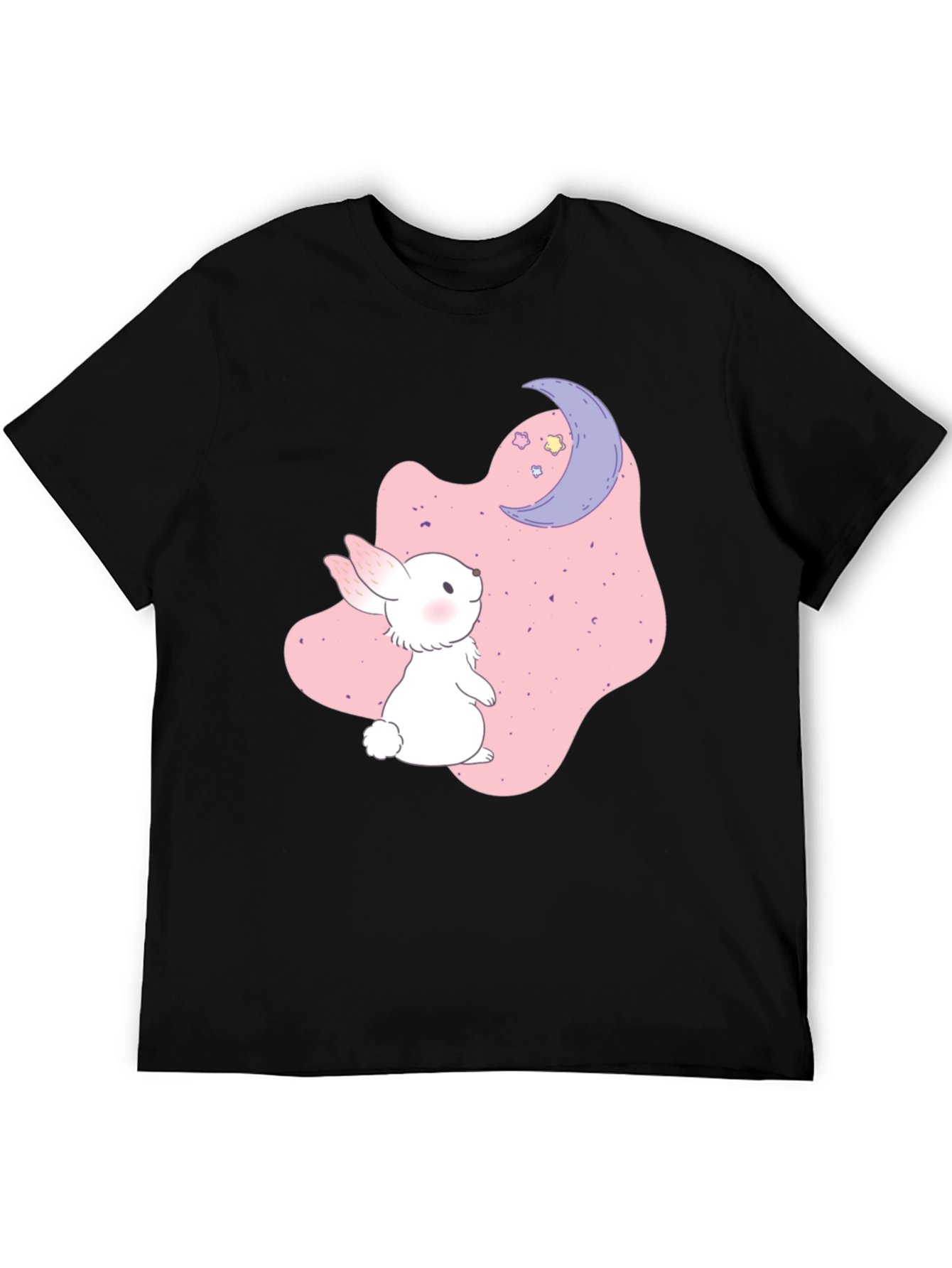 Cute Bunny & Moon Graphic Black T-Shirt