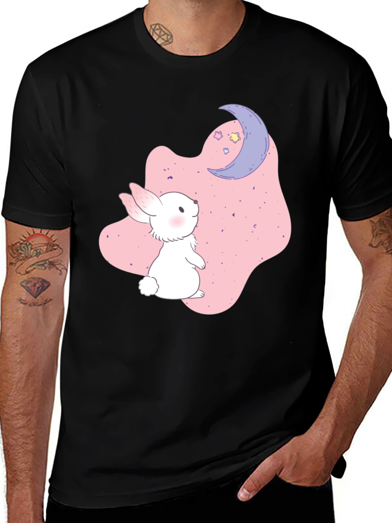 Cute Bunny & Moon Graphic Black T-Shirt