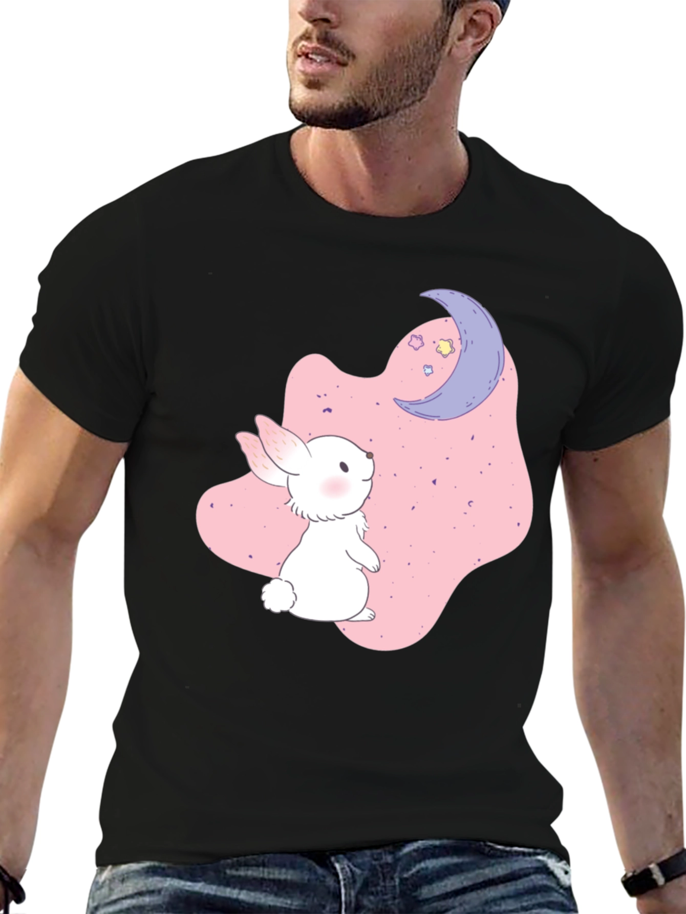 Cute Bunny & Moon Graphic Black T-Shirt