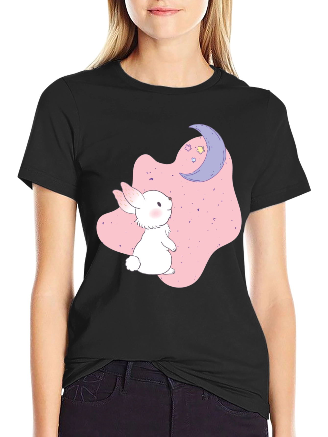 Cute Bunny & Moon Graphic Black T-Shirt