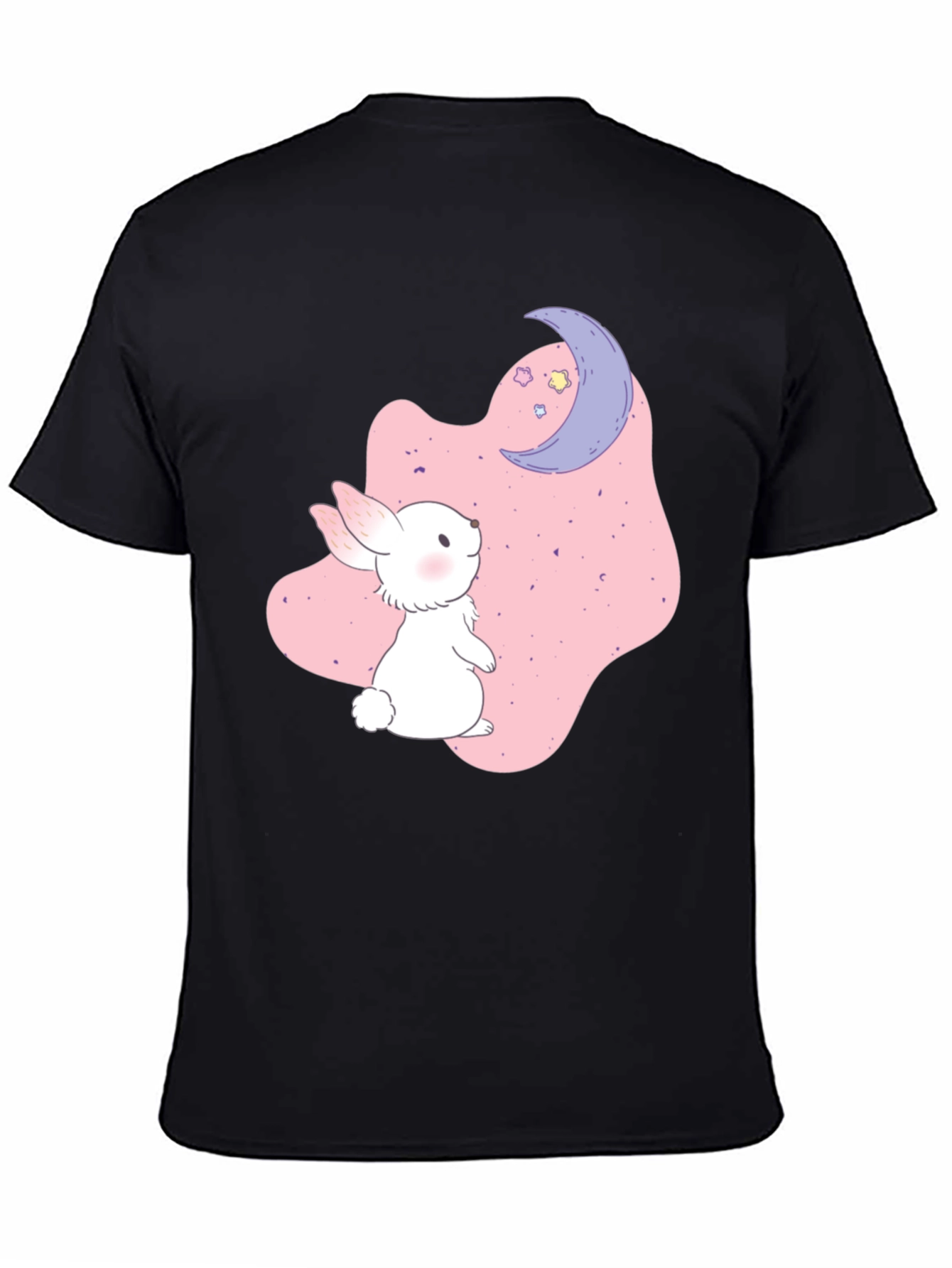 Cute Bunny & Moon Graphic Black T-Shirt