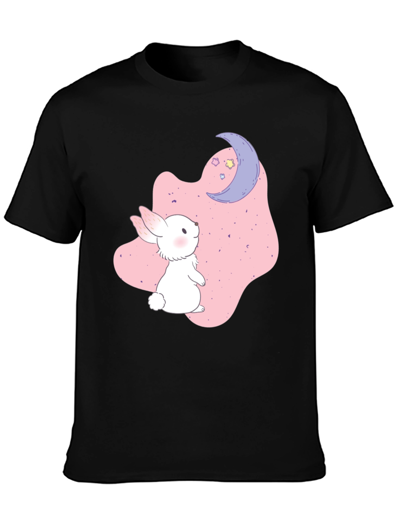 Cute Bunny & Moon Graphic Black T-Shirt