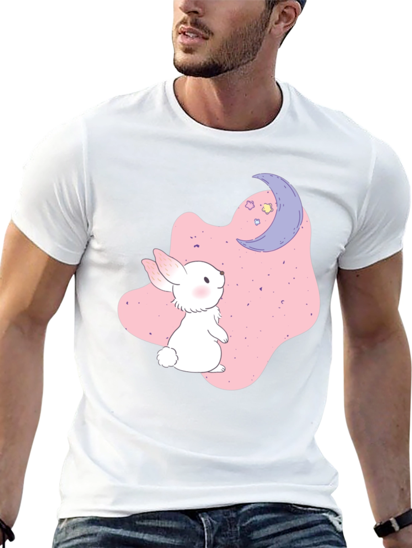 Cute Bunny & Moon Graphic Black T-Shirt