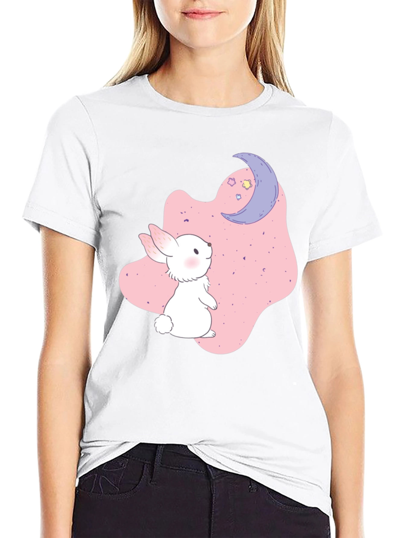 Cute Bunny & Moon Graphic Black T-Shirt