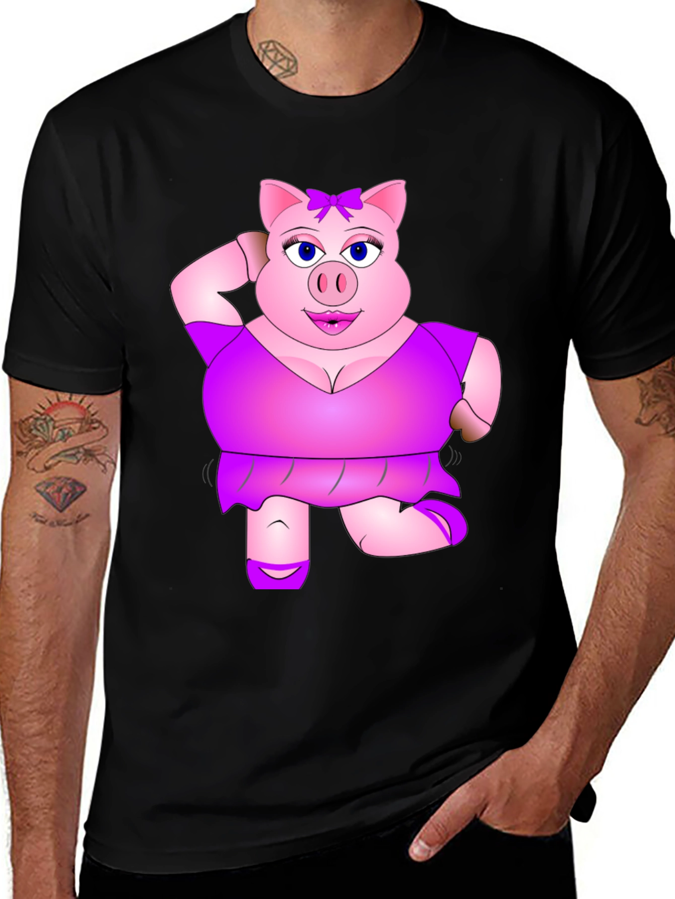 Funny Pig Lady Black T-Shirt Novelty Graphic Tee