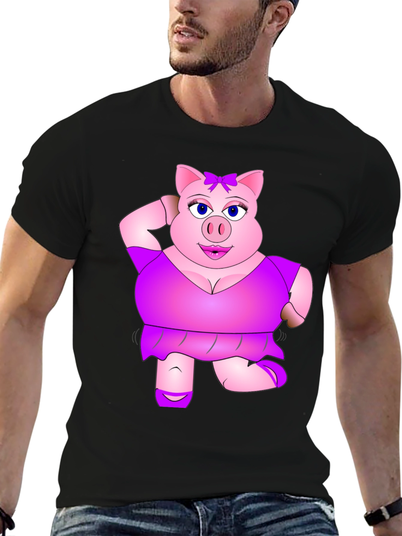 Funny Pig Lady Black T-Shirt Novelty Graphic Tee