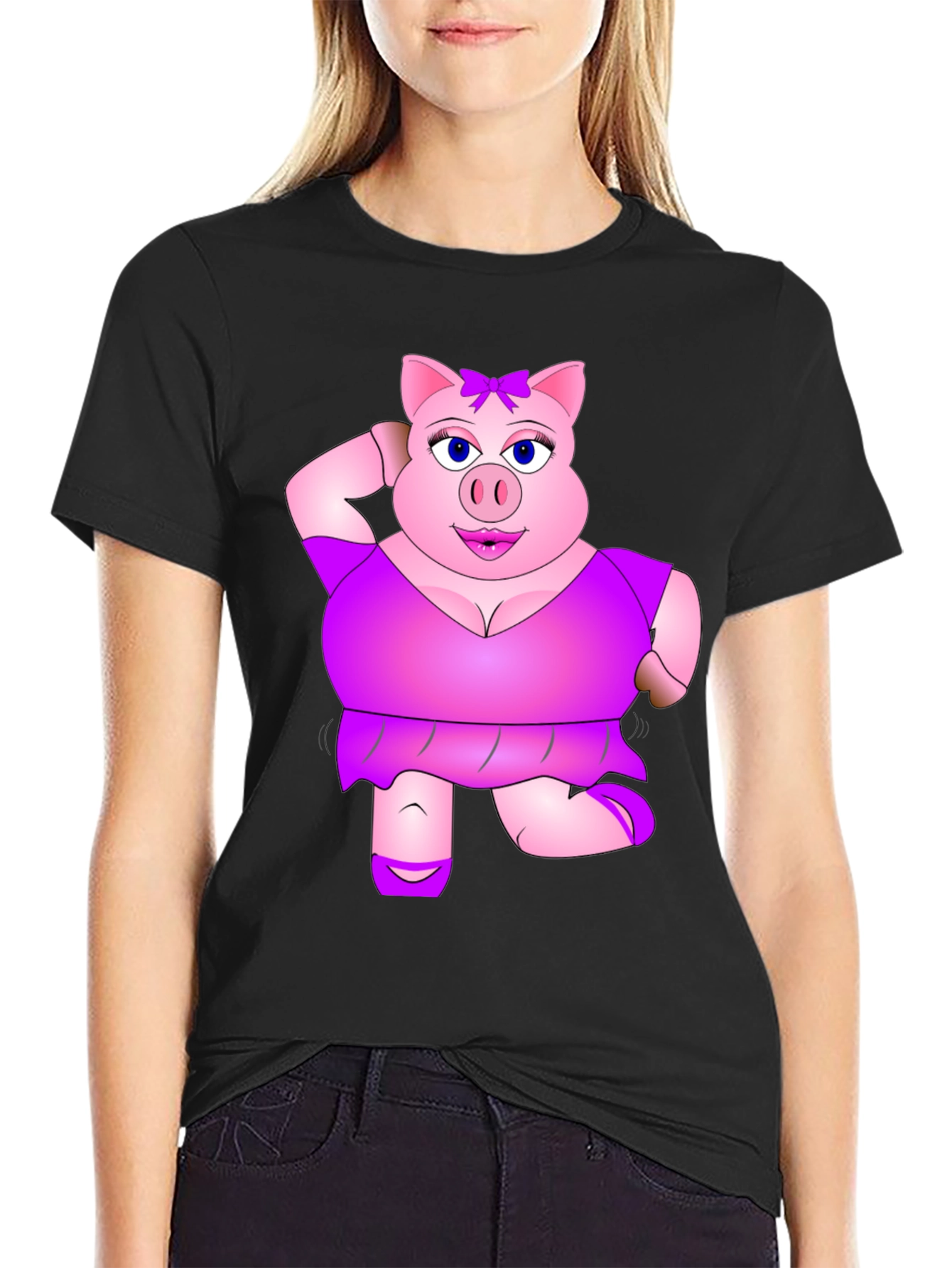 Funny Pig Lady Black T-Shirt Novelty Graphic Tee