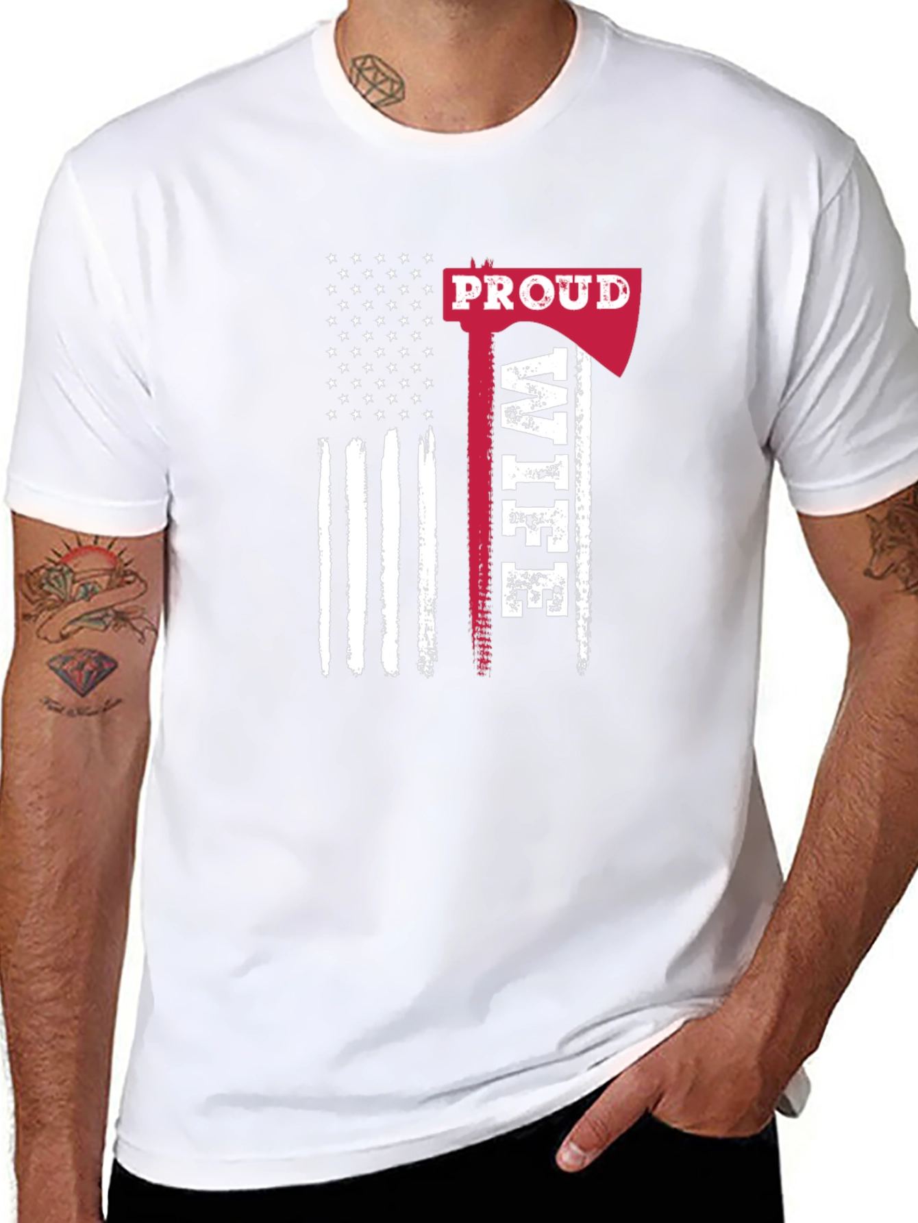 Proud Firefighter Wife T-Shirt - Axe American Flag Design