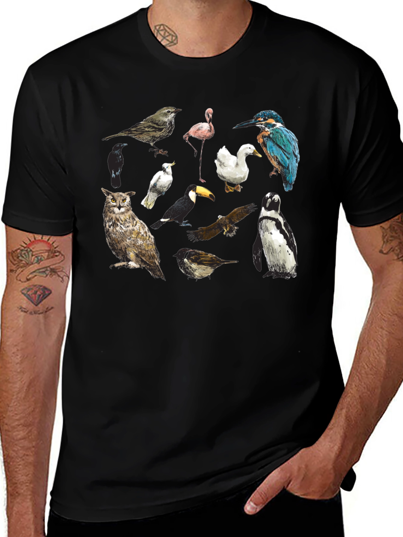 Bird Print Black T-Shirt