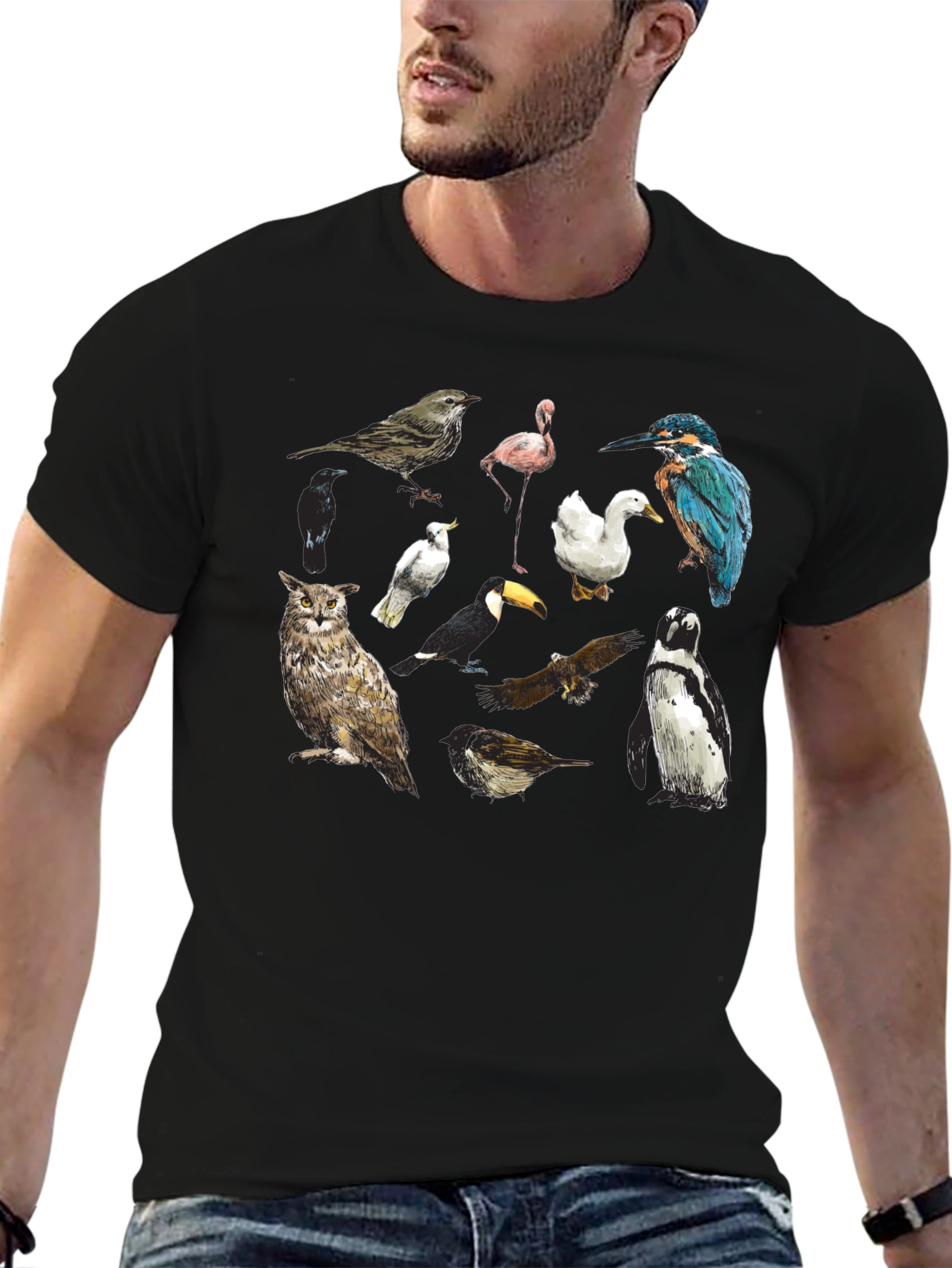 Bird Print Black T-Shirt