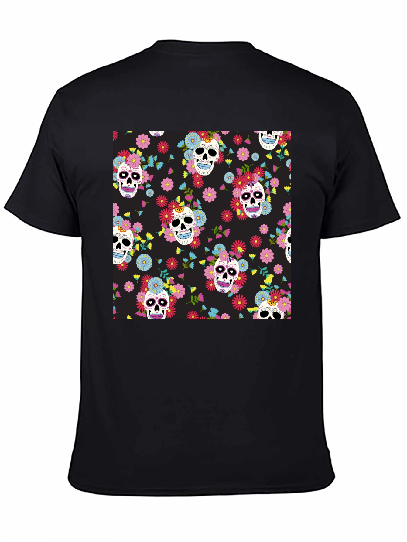 Skull & Floral Print Black T-Shirt